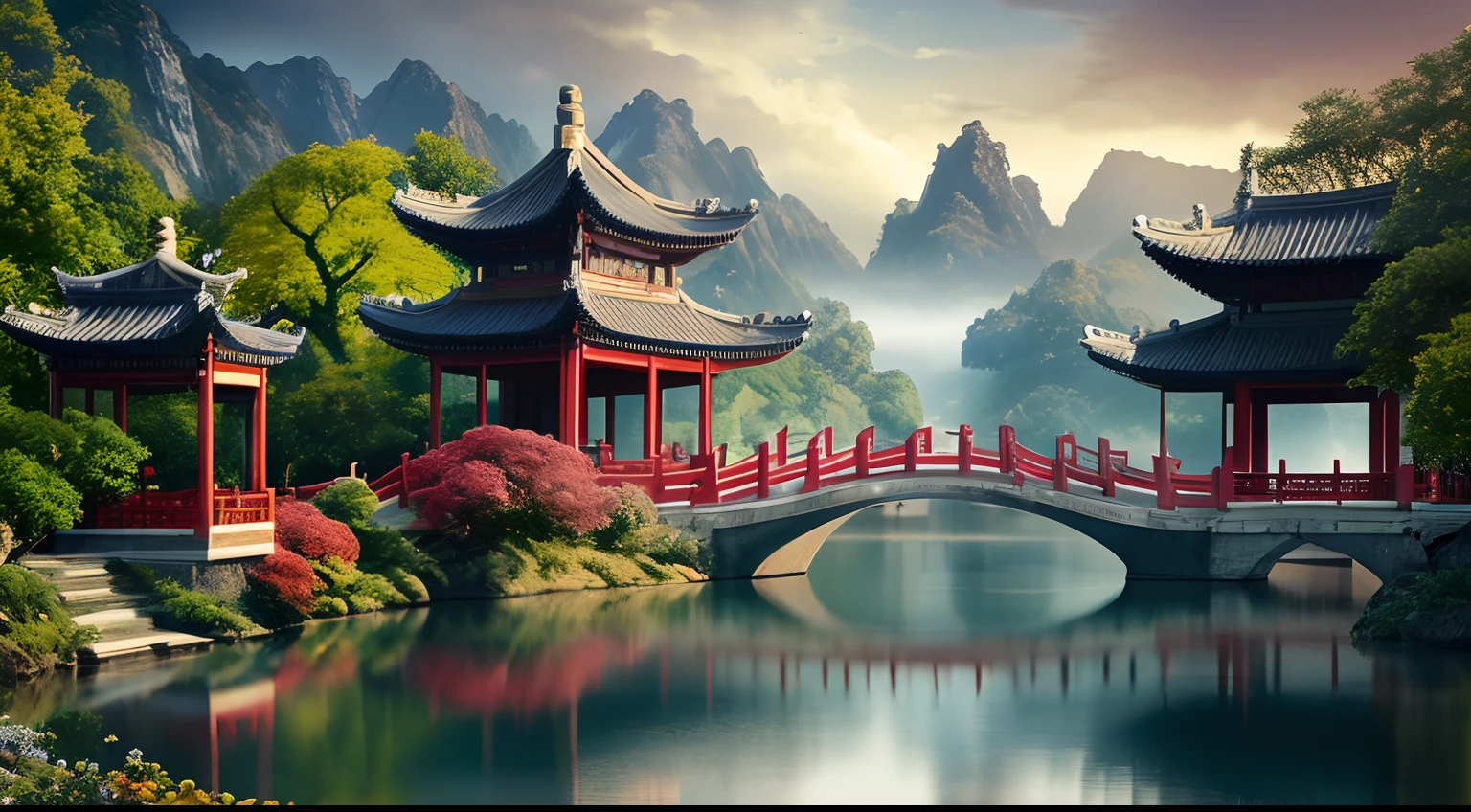 paper cut out，Chinese architecture,gardens,mountain water,Sea of Clouds，4K Ultra HD, 超高分辨率, (Photorealistic: 1.4), Best quality，Masterpiece