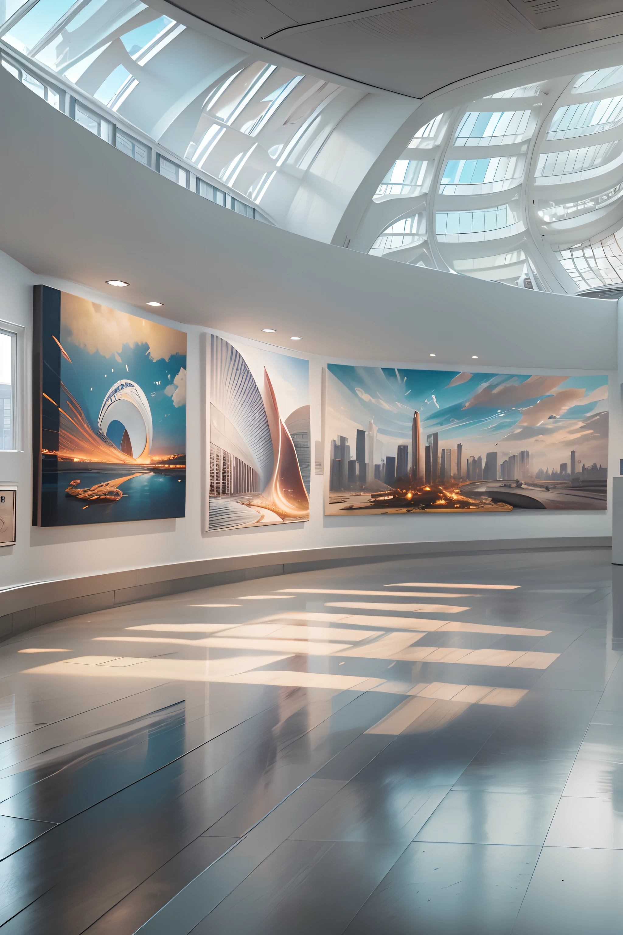 Art exhibitions,There is a wall in the middle of the exhibition hall,The painting on the wall is in the middle, Paintings on the walls, skyscape, Large airy windows, Zaha Hadid and Santiago Calatrava landscape panoramic style, Fish, Clear light, Edge lighting, Perfect image, Building summary style, 16k UE5. superfine, 8K, hdr, Product photography, Depth of field, Nikon D850, Ultra-realistic, no contrast, clean sharp focus, professional, No blurring