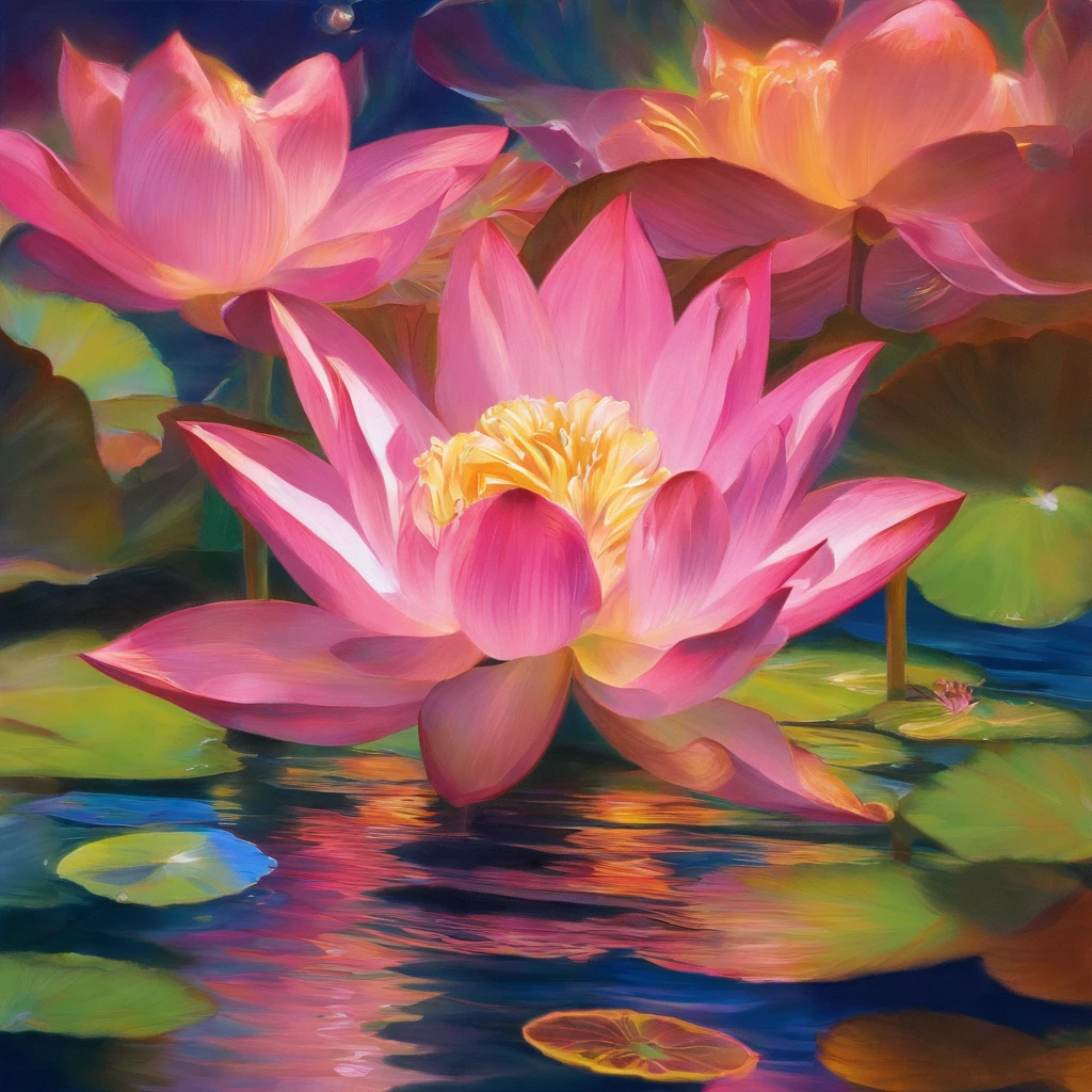 Lotus leaf, lotuses, Eau, （Courtyard 1.5）, rays of sunshine, （The sun shines on the lotus）, partially underwater shot, symmetry, polar opposites, close-up, Romanticism, Op art, Contemporary art, Luminism, cinematic lighting, sparkle, god rays, ray tracing, UHD, retina, masterpiece, ccurate, super detail, anatomically correct, high details, high quality, award winning, best quality, highres, 16k