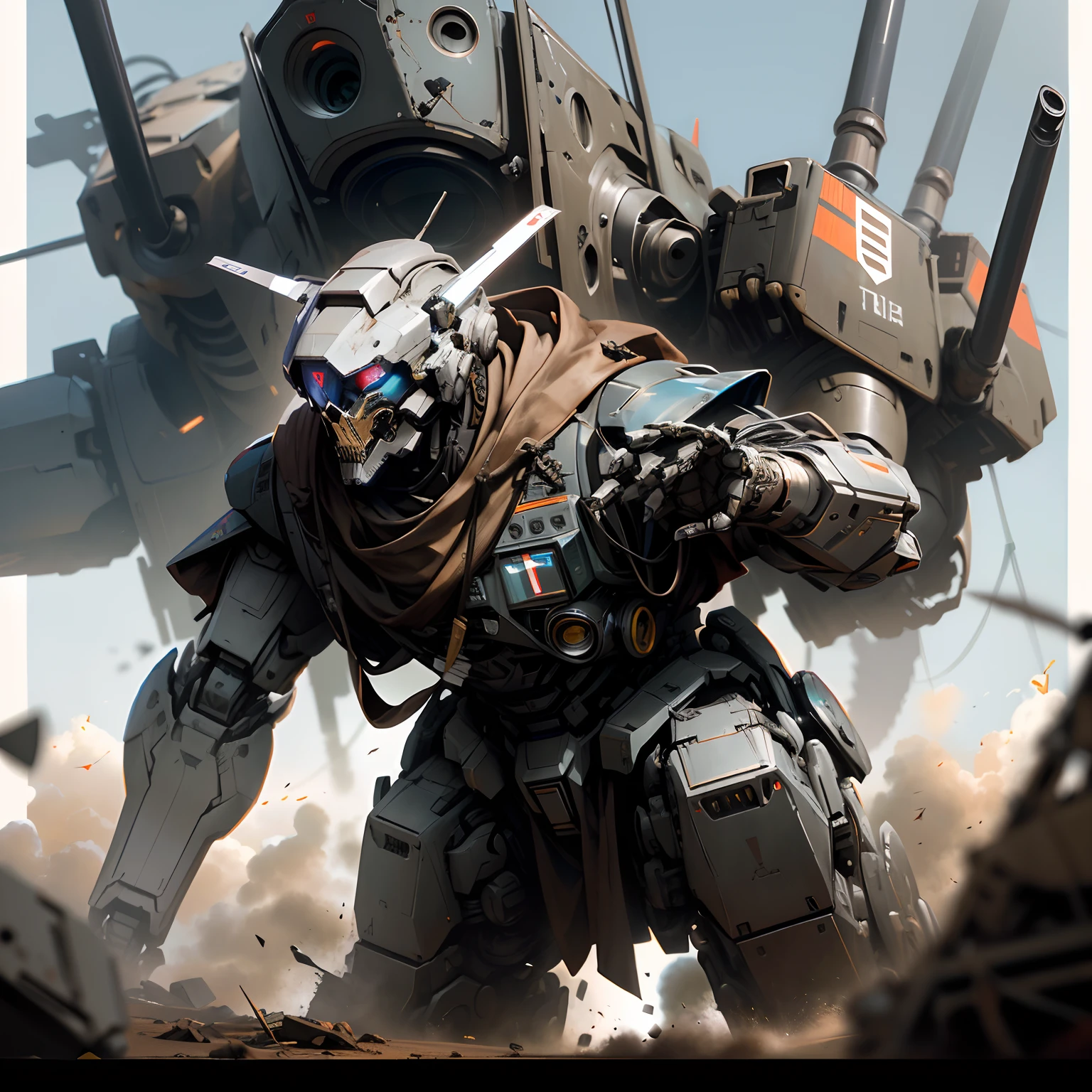 There is a robot that is standing in front of a giant robot, Wojtek FUS, estilo craig mullins, Craig Mullins Greg Rutkowski, alexandre ferra mecha, Soldados e Mech lutam, Craig Mullins Nekro, inspirado em Craig Mullins, Directed by: Craig Mullins, mecha arte, mecha asthetic, arte conceitual digital de alta qualidade, skull face and hood.