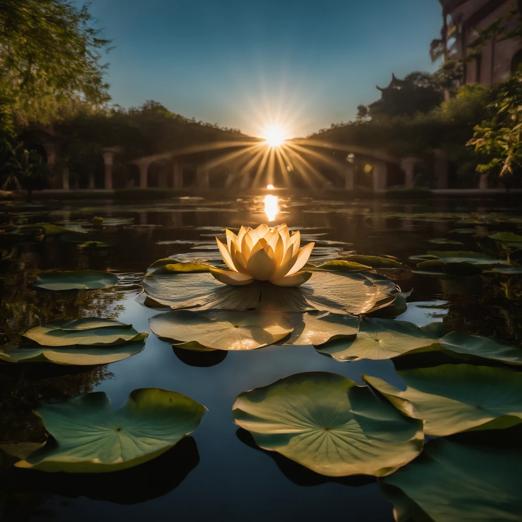 Lotus leaf, lotuses, Eau, （Courtyard 1.5）, rays of sunshine, （The sun shines on the lotus）, partially underwater shot, symmetry, polar opposites, close-up, Romanticism, Op art, Contemporary art, Luminism, cinematic lighting, sparkle, god rays, ray tracing, UHD, retina, masterpiece, ccurate, super detail, anatomically correct, high details, high quality, award winning, best quality, highres, 16k
