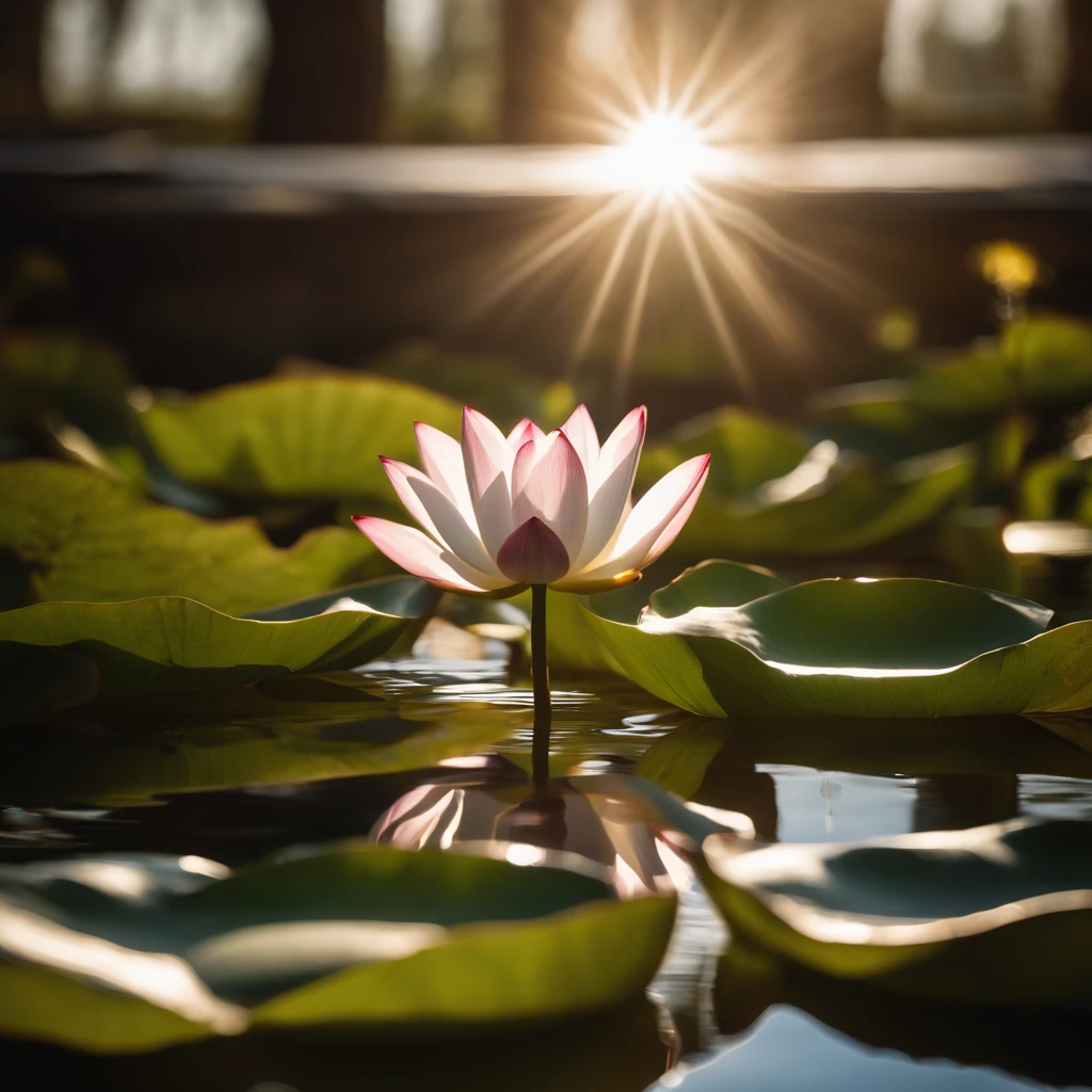 Lotus leaf, lotuses, Eau, （Courtyard 1.5）, rays of sunshine, （The sun shines on the lotus）, partially underwater shot, symmetry, polar opposites, close-up, Romanticism, Op art, Contemporary art, Luminism, cinematic lighting, sparkle, god rays, ray tracing, UHD, retina, masterpiece, ccurate, super detail, anatomically correct, high details, high quality, award winning, best quality, highres, 16k