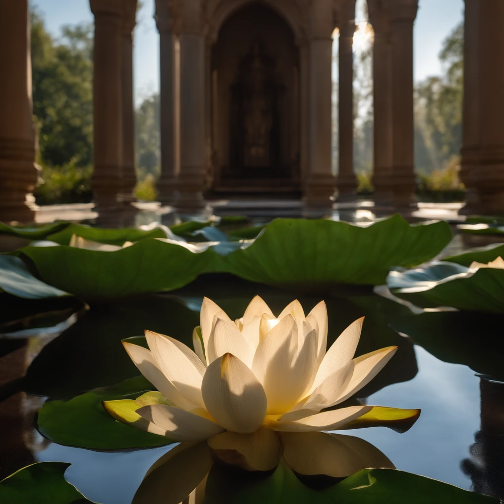 Lotus leaf, lotuses, Eau, （Courtyard 1.5）, rays of sunshine, （The sun shines on the lotus）, partially underwater shot, symmetry, polar opposites, close-up, Romanticism, Op art, Contemporary art, Luminism, cinematic lighting, sparkle, god rays, ray tracing, UHD, retina, masterpiece, ccurate, super detail, anatomically correct, high details, high quality, award winning, best quality, highres, 16k