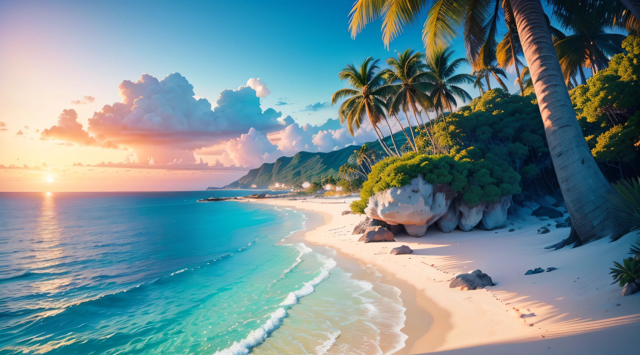 Coastal scenery with tall coconut trees, turquoise blue sea, two surfers in the sea, a black convertible car on the road with a young white man with light brown hair and blonde highlights driving, Wearing a pair of sunglasses, a rainbow reflecting in the sky, realistic, realisitic, photo, 3d, movie poster, digital art, illustration, illustration