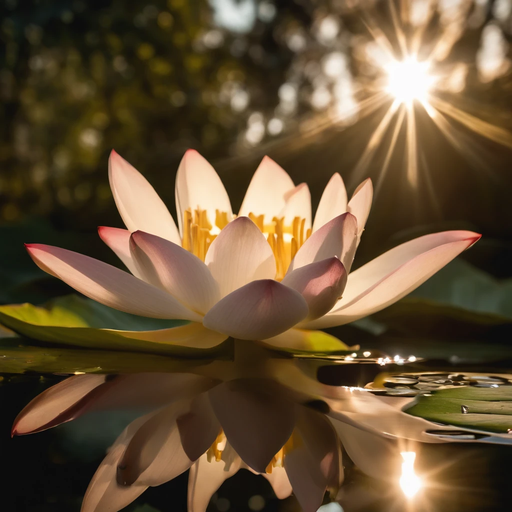 Lotus leaf, lotuses, Eau, (Courtyard 1.5), rays of sunshine, (The sun shines on the lotus), partially underwater shot, symmetry, polar opposites, close-up, Romanticism, Op art, Contemporary art, Luminism, cinematic lighting, sparkle, god rays, ray tracing, UHD, retina, masterpiece, ccurate, super detail, anatomically correct, high details, high quality, award winning, best quality, highres, 16k