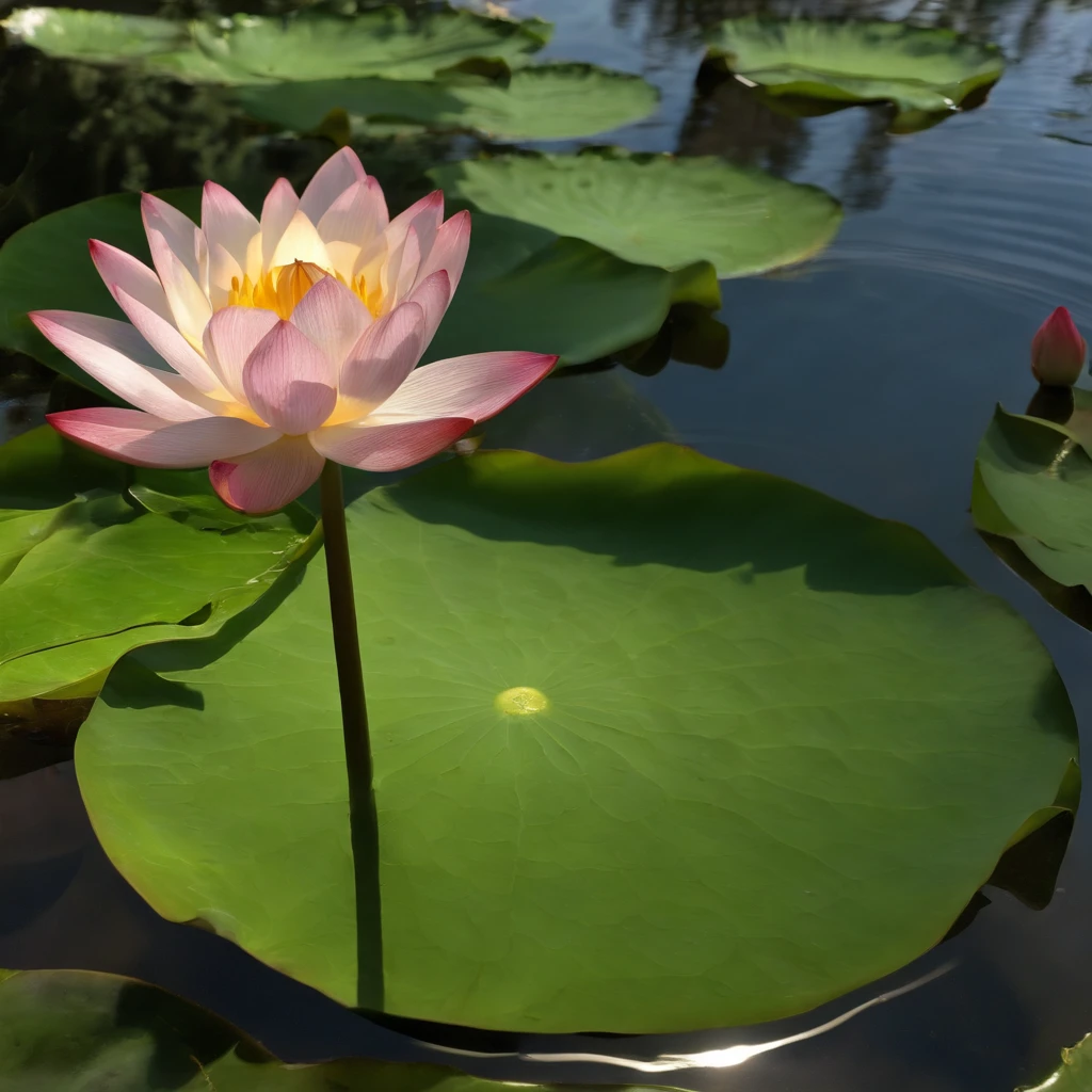 Lotus leaf, lotuses, Eau, （Courtyard 1.5）, rays of sunshine, （The sun shines on the lotus）, partially underwater shot, symmetry, polar opposites, close-up, Romanticism, Op art, Contemporary art, Luminism, cinematic lighting, sparkle, god rays, ray tracing, UHD, retina, masterpiece, ccurate, super detail, anatomically correct, high details, high quality, award winning, best quality, highres, 16k