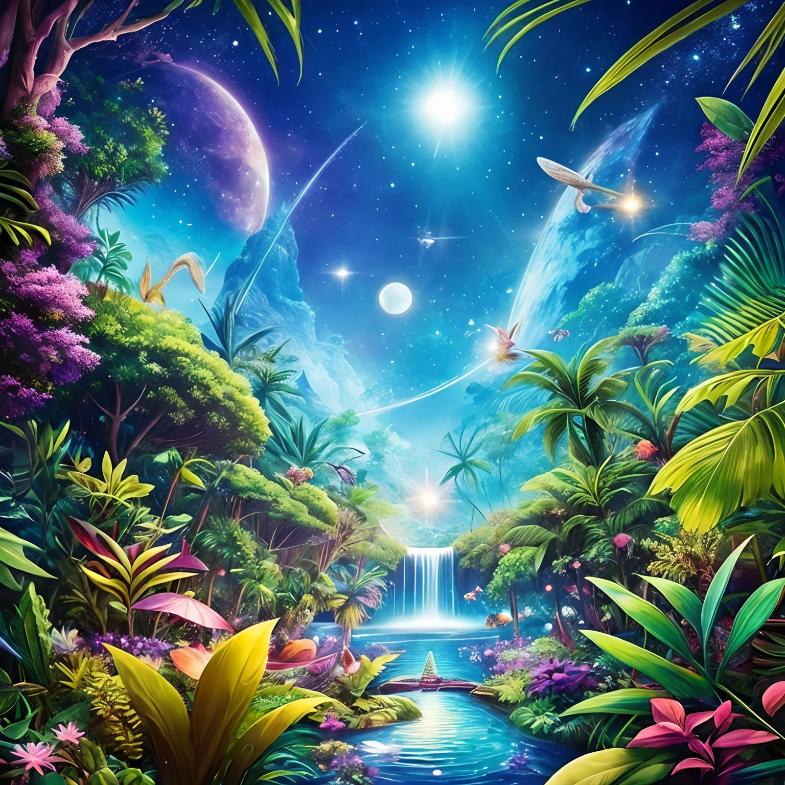 finest image, detailed and delicate depiction, space jungle fantasy, Jungle creatures I've never seen before are listening to me, iridescent magic circle, background galaxy, planet, professional lighting