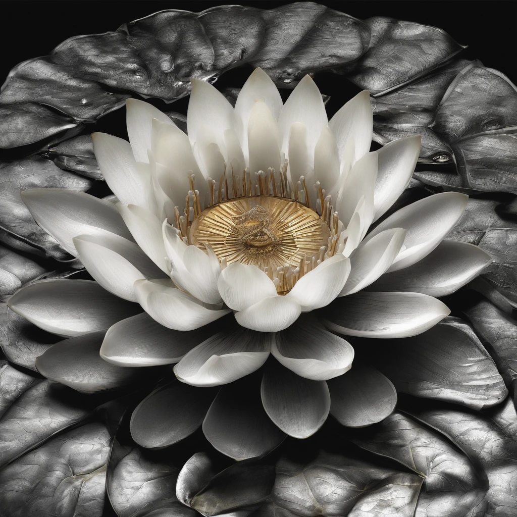 Lotus leaf, lotuses, Eau, (Courtyard 1.5), rays of sunshine, (The sun shines on the lotus), partially underwater shot, symmetry, polar opposites, close-up, Romanticism, Op art, Contemporary art, Luminism, cinematic lighting, sparkle, god rays, ray tracing, UHD, retina, masterpiece, ccurate, super detail, anatomically correct, high details, high quality, award winning, best quality, highres, 16k