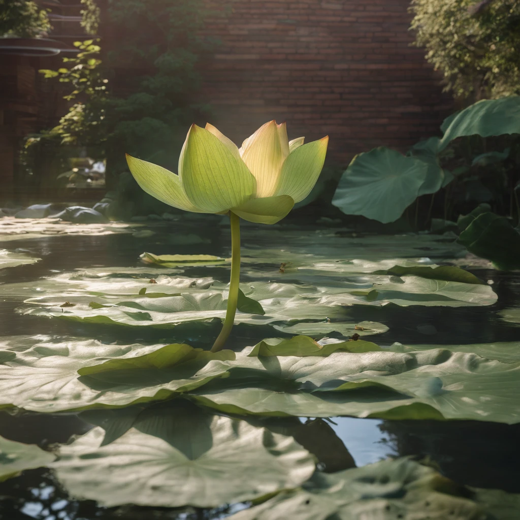 Lotus leaf, lotuses, Eau, (Courtyard 1.5), rays of sunshine, (The sun shines on the lotus), partially underwater shot, symmetry, polar opposites, close-up, Romanticism, Op art, Contemporary art, Luminism, cinematic lighting, sparkle, god rays, ray tracing, UHD, retina, masterpiece, ccurate, super detail, anatomically correct, high details, high quality, award winning, best quality, highres, 16k