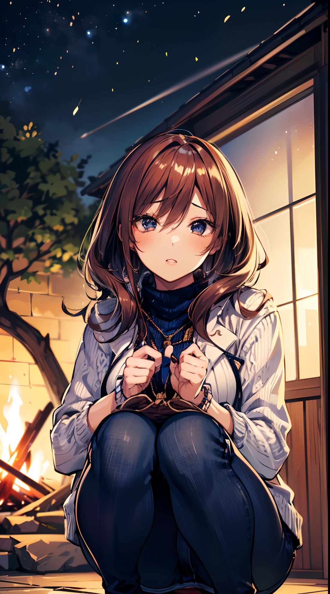 cute anime girl (sitting in front of a bonfire), cozy wallpaper, anime moe artstyle, kantai collection style, 4 k manga wallpaper, anime visual of a cute girl, anime wallaper, anime style 4 k, beautiful anime girl squatting, high quality anime artstyle, (anime girl), 🍁 cute, (wearing turtle neck cable-knit with outdoor jacket, deep navy blue skinny denim:1.3), ((dark chestnut medium short hair:1.25, updo, wavy hair)), outdoor, in a park, (blurry background, bokeh), sunset, (in a night:1.2), ((ultra high resolution, 8K RAW photo, photo realistics:1.2)), textile shading, fine detailed face, beautiful detailed eyes, (looking away, looking star in the night sky), (correct anatomy:1.5), (dynamic angle, wide shot:1.3), from below,