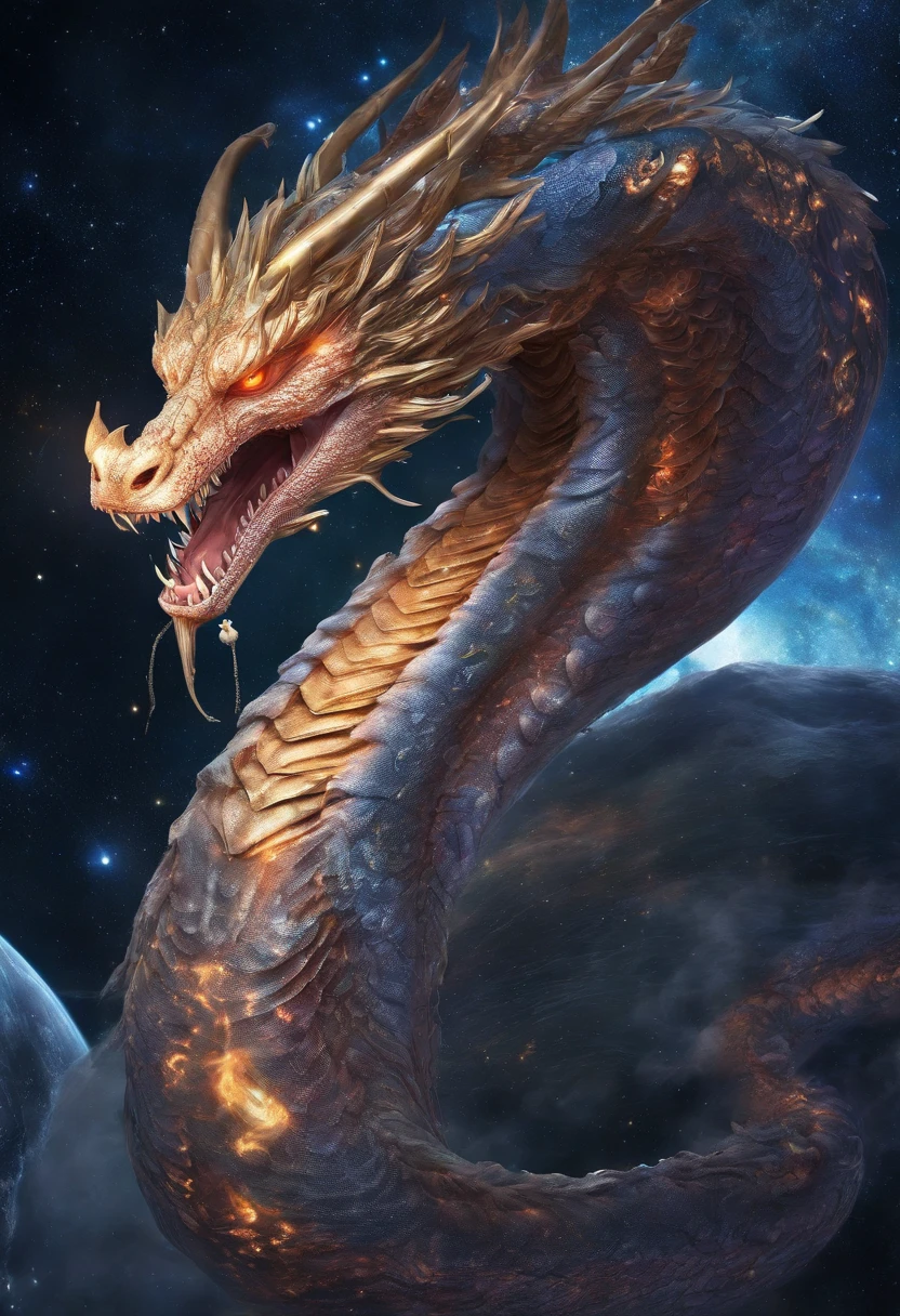 In a dimension where stars collide, the legendary Orochi serpent emerges as an embodiment of celestial fury. Its body is a symphony of radiant colors, mirroring the birth of stars. Its eyes blaze with cosmic fire, and tendrils of energy arc around its form like ethereal lightning. The serpent's presence commands both awe and fear, as it harnesses the power of the cosmos itself, Amidst a cosmic maelstrom, where galaxies spiral and stars explode, the serpent reigns supreme, Epic, cataclysmic, and transcendent, evoking the power of celestial forces.Style: Ultra-realistic digital painting with intricate details and a dynamic interplay of colors.Execution: Rendered in a hyper-realistic style, using advanced digital techniques to capture the complex interstellar environment and the serpent's celestial energy,