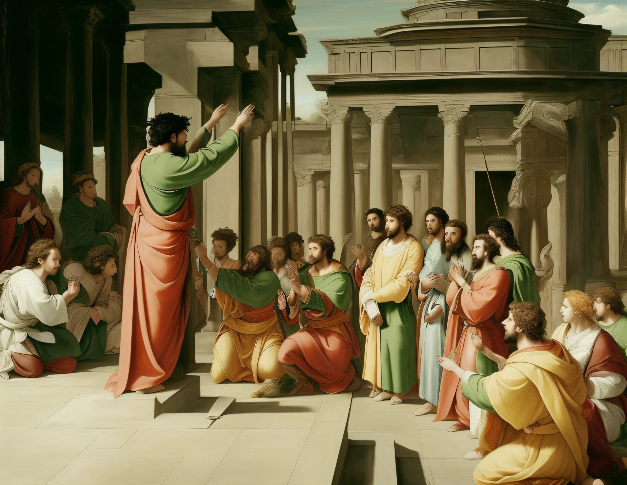painting is in Renaissance style and represents a large temple with columns and arches. The main focus of the painting is a group of people gathered around a man in a green robe who is gesturing towards the sky. People are dressed in colorful robes and some are kneeling in prayer. There are statues and other architectural details in the background. The paint colors are rich and vibrant