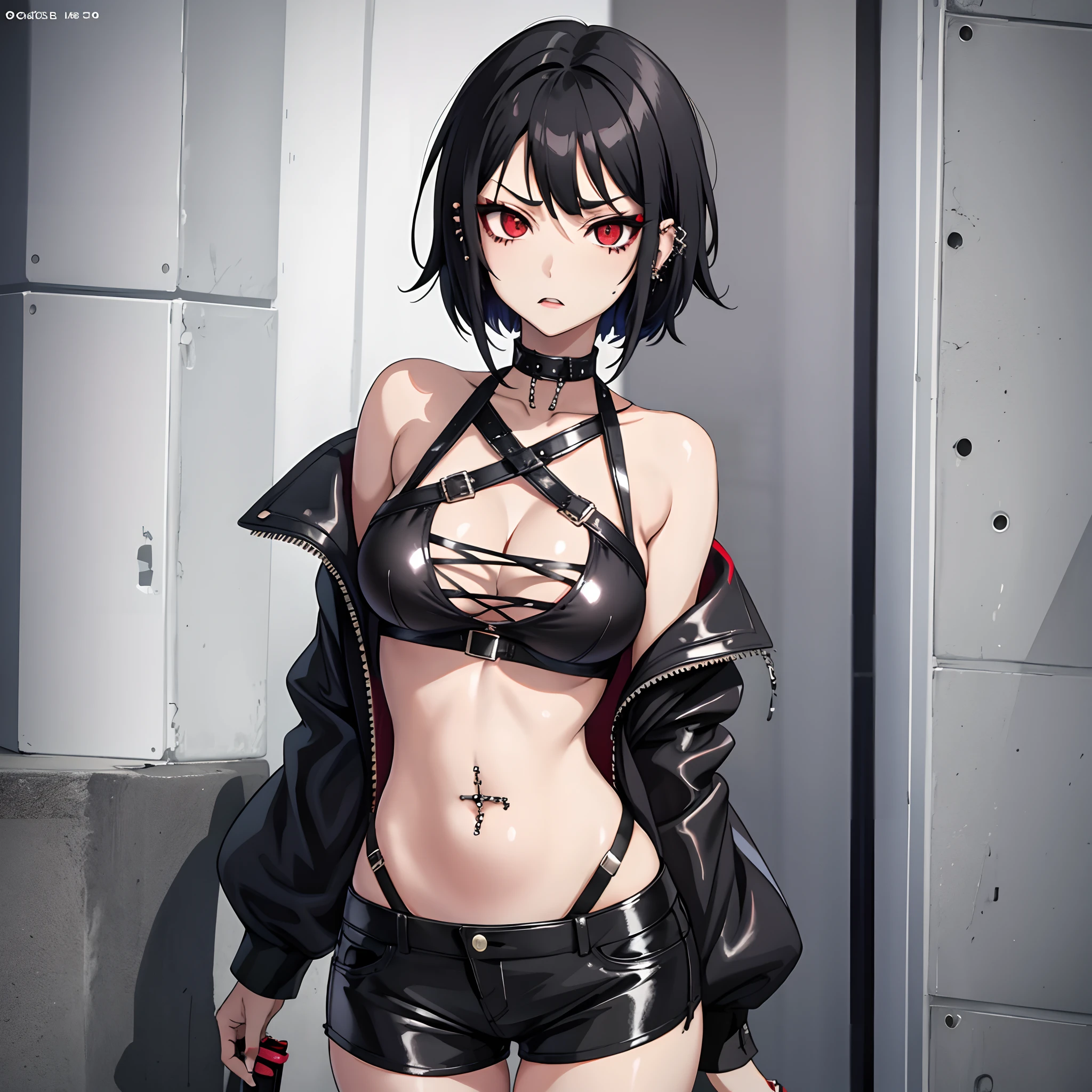 1girl, solo, anime girl, black hair, goth, emo, piercings, skinny, sexy, tall, outside, crop top, shorts, leather, large breasts, extremely detailed eyes, red eyes, annoyed expression