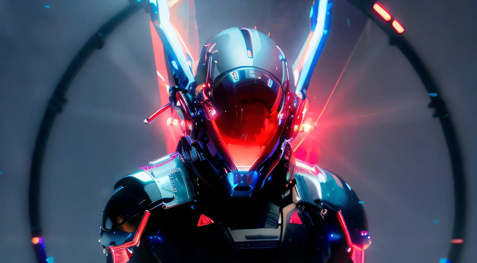 rainbow divine paradise. heavenly illumination. God. Holy robotic. levitating. Position of god. Floating in a cathedral. strong, robust and masculine body. fat arms. Position of divinity. Floating. divine statue, pedestal, holy pedestal. levitating. masterpiece, best quality, a close up of a futuristic looking cyborg man with a fantastic cyber helmet head with red and blue triangle led lights and a halo, full body, dancing. dance. synthwave ballad. silver pants. wearing a red and blue techwear jacket, white church in background. jump, full body, robotic legs. divine statue, pedestal, holy pedestal.