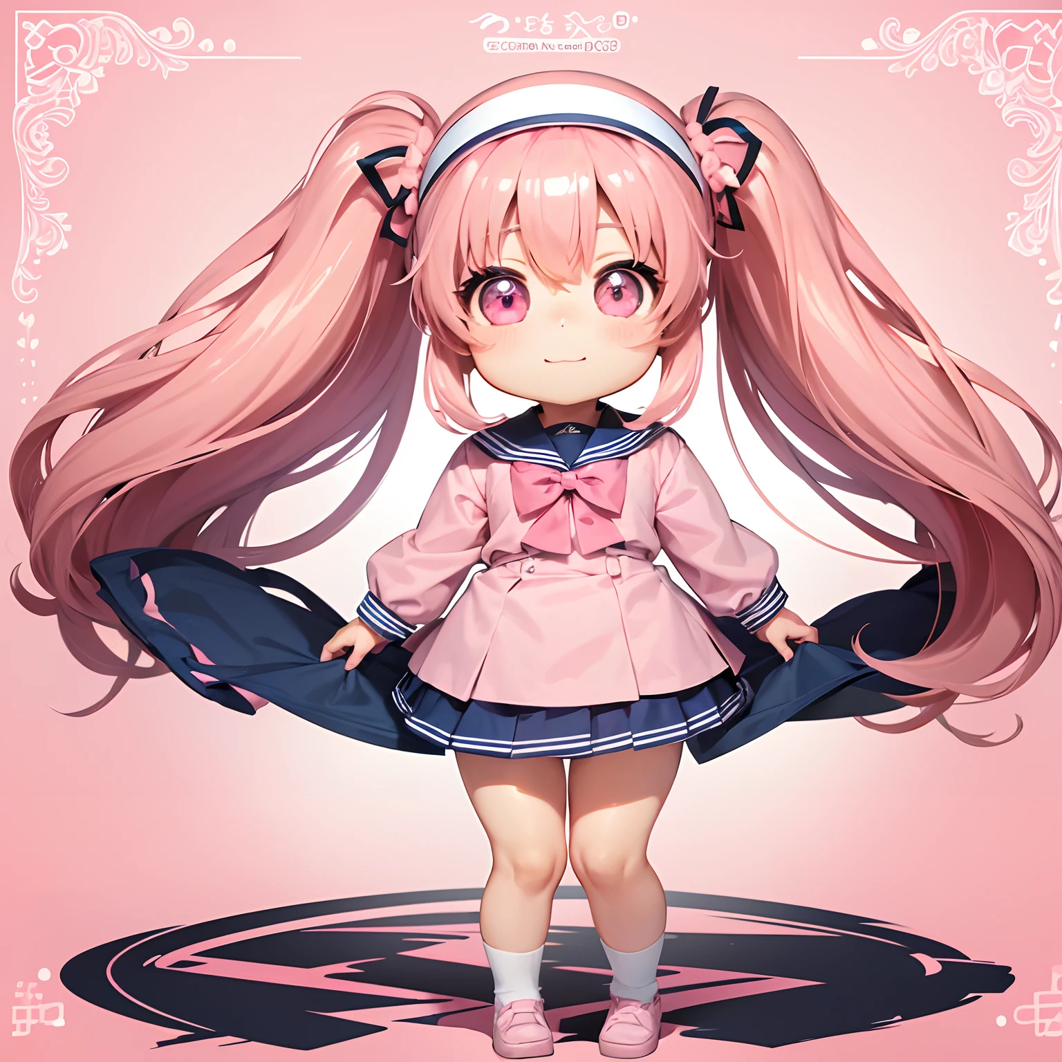 Very cute and (Beautiful Chibi Anime Girl), Solo, Simple background, Beautiful twin tails*Pink* hair, Beautiful detailed *Pink* High School Uniform, Full body, Standing, high detailed face and *Pink* Eyes, Clearly outlined
