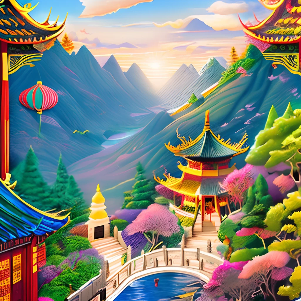 mdjrny-pprct, Chinese architecture, gardens, landscapes, sea of clouds, (high detail: 1.2)