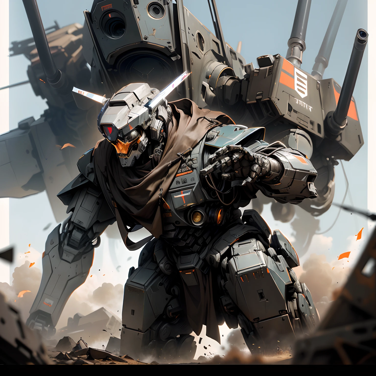 There is a robot that is standing in front of a giant robot, Wojtek FUS, estilo craig mullins, Craig Mullins Greg Rutkowski, alexandre ferra mecha, Soldados e Mech lutam, Craig Mullins Nekro, inspirado em Craig Mullins, Directed by: Craig Mullins, mecha arte, mecha asthetic, arte conceitual digital de alta qualidade, skull face and hood.