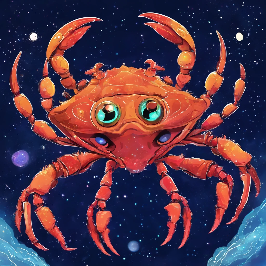 Crab Monster, forceful, Colossal, Crustacean, Drifting in outer space, Theme colors are iridescent, Shaped like fiddler crab, Lobster-like claws