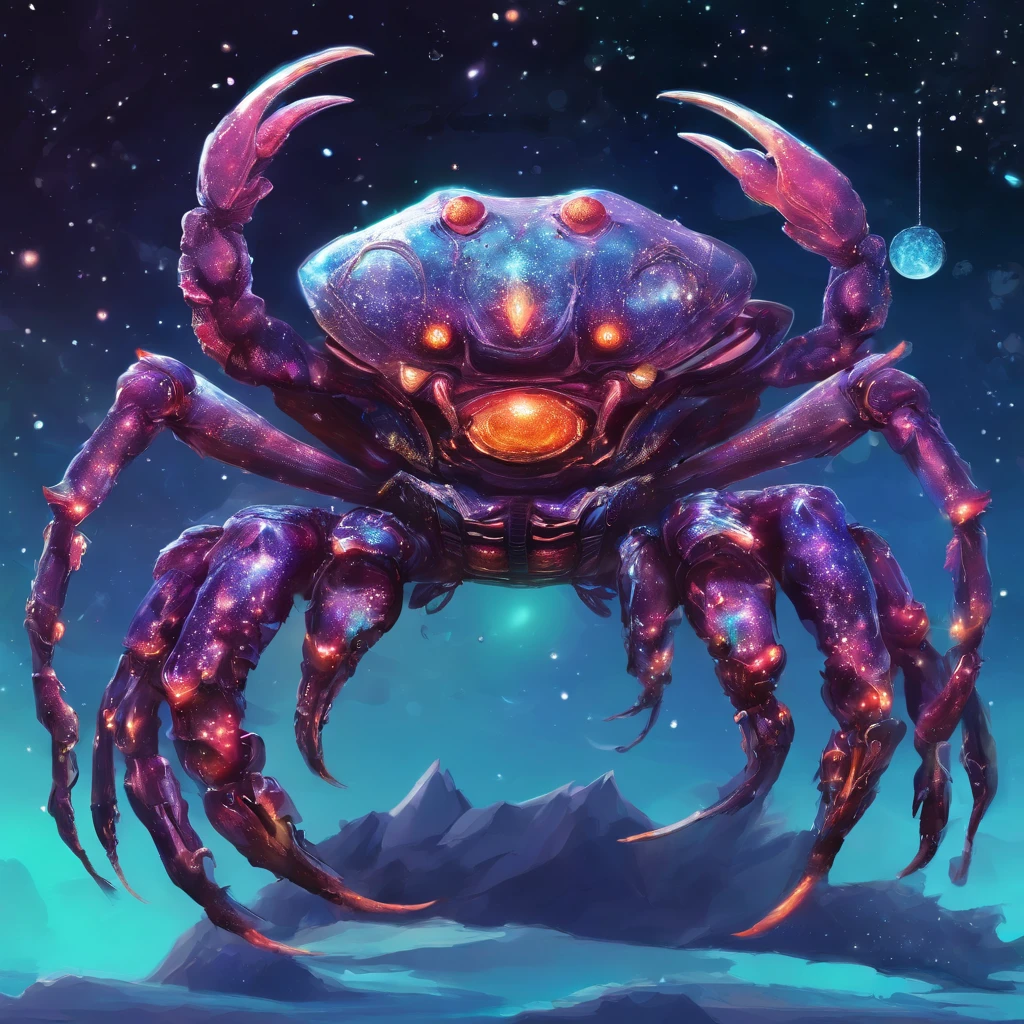 Crab Monster, forceful, Colossal, Crustacean, Drifting in outer space, Theme colors are iridescent, Shaped like fiddler crab, Lobster-like claws