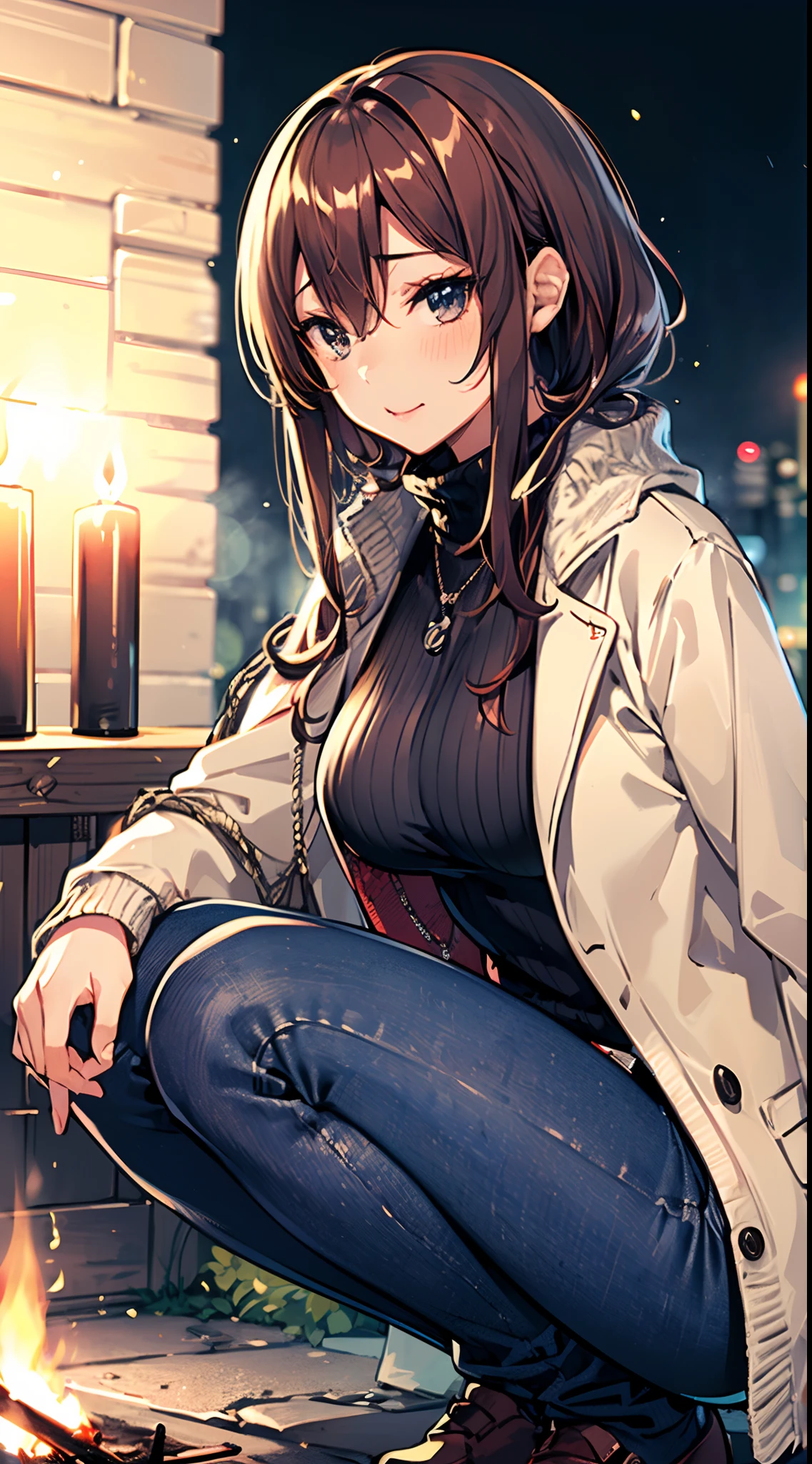 cute anime girl (sitting in front of a bonfire), cozy wallpaper, anime moe artstyle, kantai collection style, 4 k manga wallpaper, anime visual of a cute girl, anime wallaper, anime style 4 k, beautiful anime girl squatting, high quality anime artstyle, (anime girl), 🍁 cute, (wearing turtle neck cable-knit with outdoor jacket, deep navy blue skinny denim:1.3), ((dark chestnut medium short hair:1.25, updo, wavy hair)), outdoor, in a park, (blurry background, bokeh), sunset, (in a night:1.2), ((ultra high resolution, 8K RAW photo, photo realistics:1.2)), textile shading, fine detailed face, beautiful detailed eyes, (looking away, looking star in the night sky), (correct anatomy:1.5), (dynamic angle, wide shot:1.3), from below,