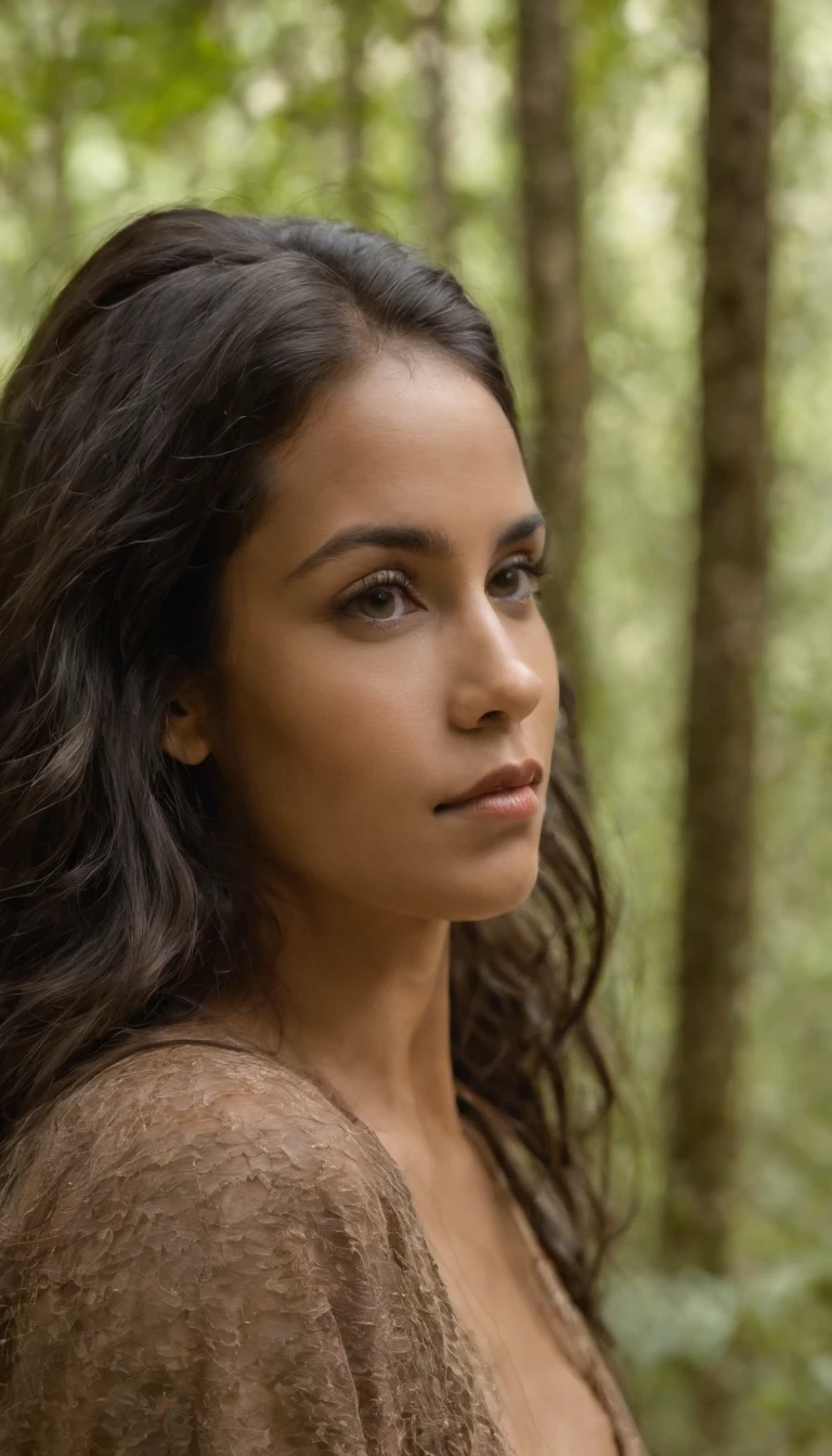 Mulher negra, indigena, pelada, seios grandes, fundo de floresta, corpo inteiro, pele marrom, olhos verdes, cabelo preto, cabelo longo,