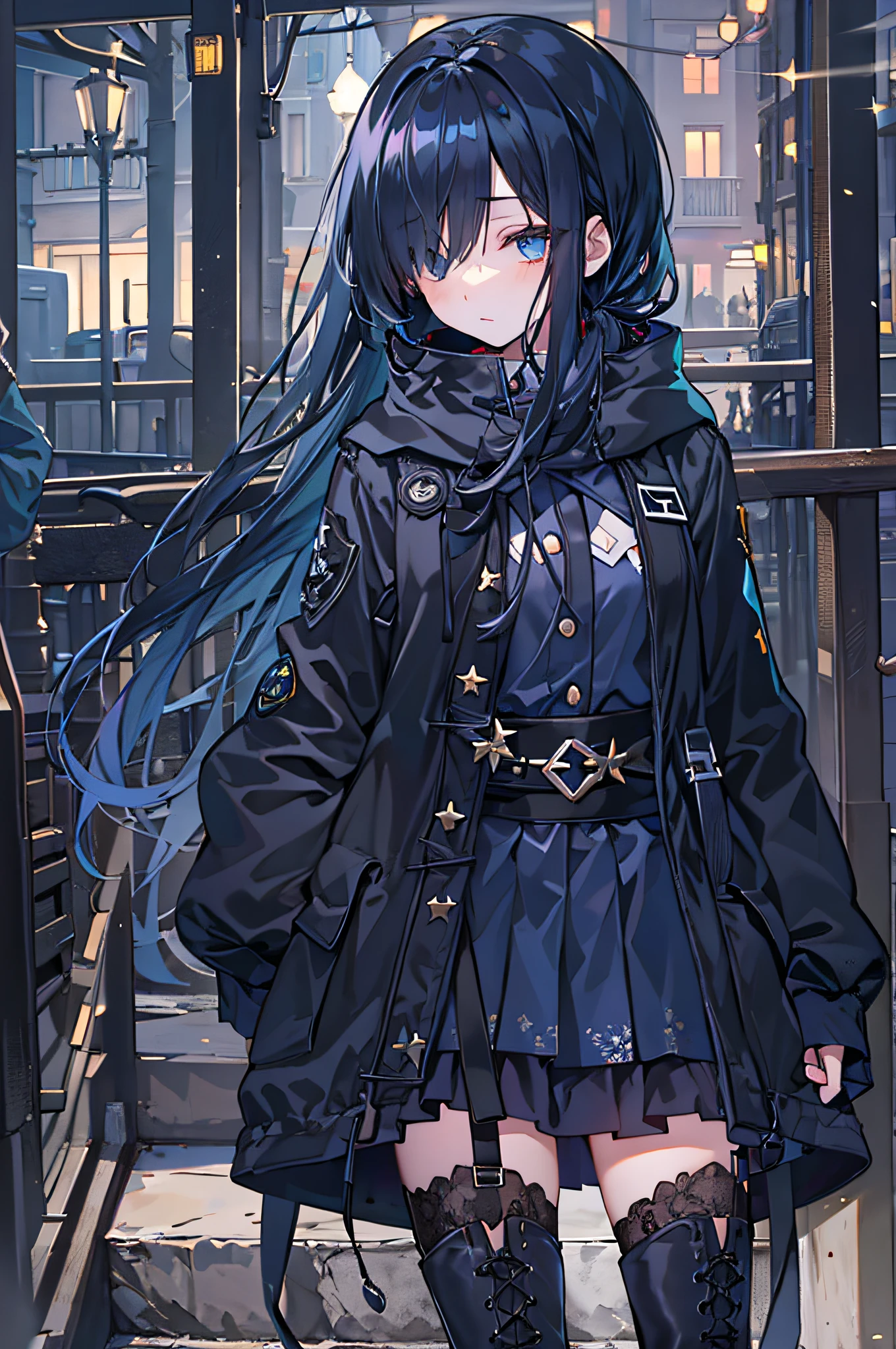 black pantyhoses，Starry eyes，Black parka，black sash，starrysky，the night，Dark blue hair，side pony tail，long whitr hair，black knee boots，Hair covers one eye，bit girl，waiting to start