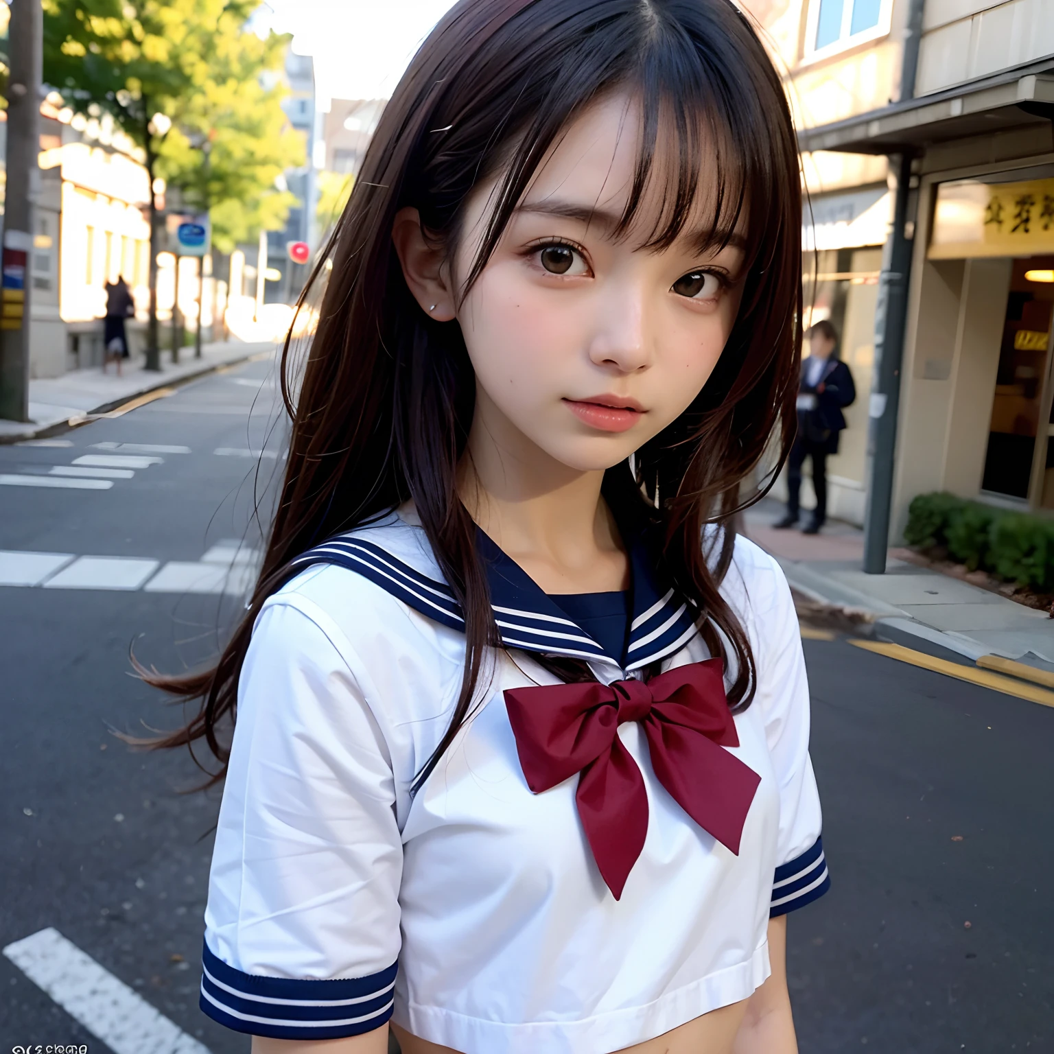 (masutepiece, Best Quality:1.2), 8K, Official art, Raw photo, unbelievable Ridiculous, (Upper body, Sailor Uniform, serafuku:1.4), Beautiful Girl, Pretty Face, arching back down, Navy pleated skirt, reaching out her hands、Cute navel、Gold hair ornament on hair、close up, School uniform, Short sleeve, gardenia, violaceaess, Teen, Street, Looking at Viewer, Film grain, chromatic abberation, Sharp Focus, face lights, Dynamic lighting, Cinematic lighting, Eyes and faces with detailed, Bokeh background, (1 dark red bow tie:1.2)