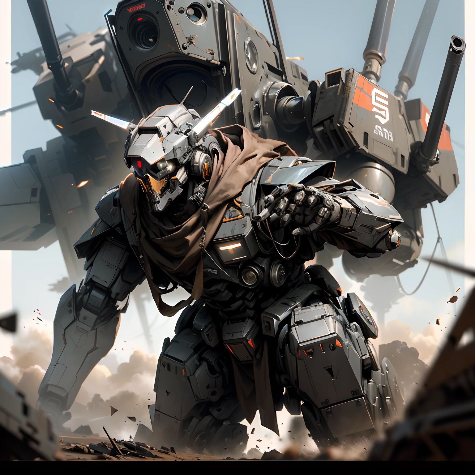 There is a robot that is standing in front of a giant robot, Wojtek FUS, estilo craig mullins, Craig Mullins Greg Rutkowski, alexandre ferra mecha, Soldados e Mech lutam, Craig Mullins Nekro, inspirado em Craig Mullins, Directed by: Craig Mullins, mecha arte, mecha asthetic, arte conceitual digital de alta qualidade, skull face and hood.