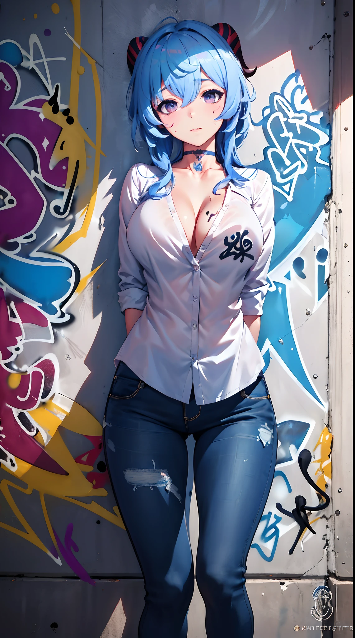 Ganyu effect | genshin impact, master-piece, bestquality, 1girls, oversized breasts, bara, dress shirt, Long Jeans, choker, (Graffiti:1.5), Splash with purple lightning pattern., arm behind back, against wall, View viewers from the front., Thigh strap, Head tilt, bored, water eyes,
