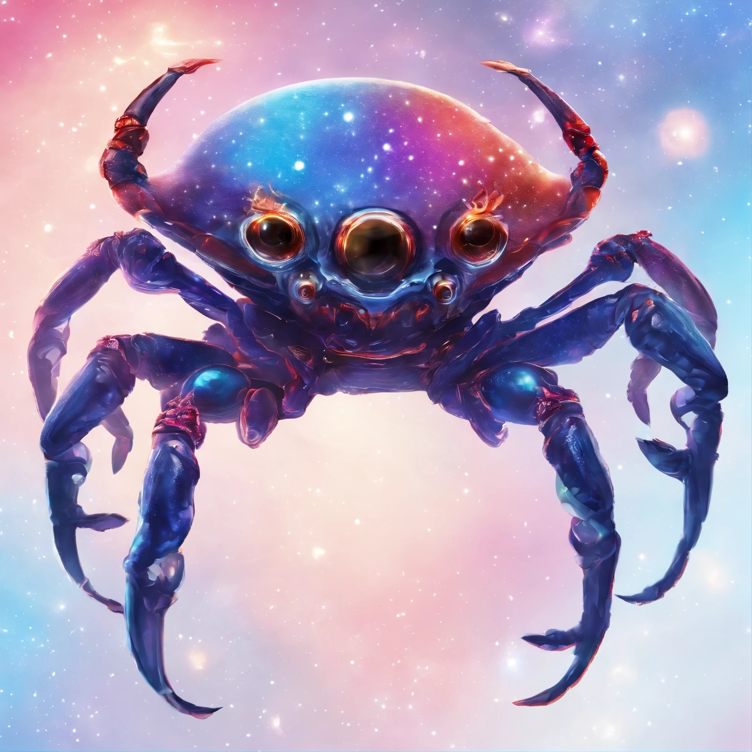 Crab Monster, forceful, Colossal, Crustacean, Drifting in outer space, Theme colors are iridescent, Shaped like fiddler crab, Lobster-like claws