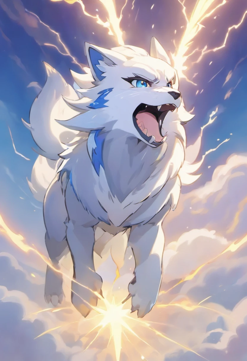 a large wolf with saber fangs, breastplate with white hair, mane of lightning, feline eyes, bluish fur, markings of lightning on the body, claws, bluish fox-style tail with a white tip, thunderbolts and lightning coming from its body, clouds below its paws, (ambient light: 1.0), (view from below that focuses on the sky above, expansive mode photography), ultra quality, (8k rendered photography), (ultra detailed), (refined strokes), (highest quality) , (warm lighting: 1.2), portrait, dreamy, magic, fantasy, Pokemon, (solo:1.5)