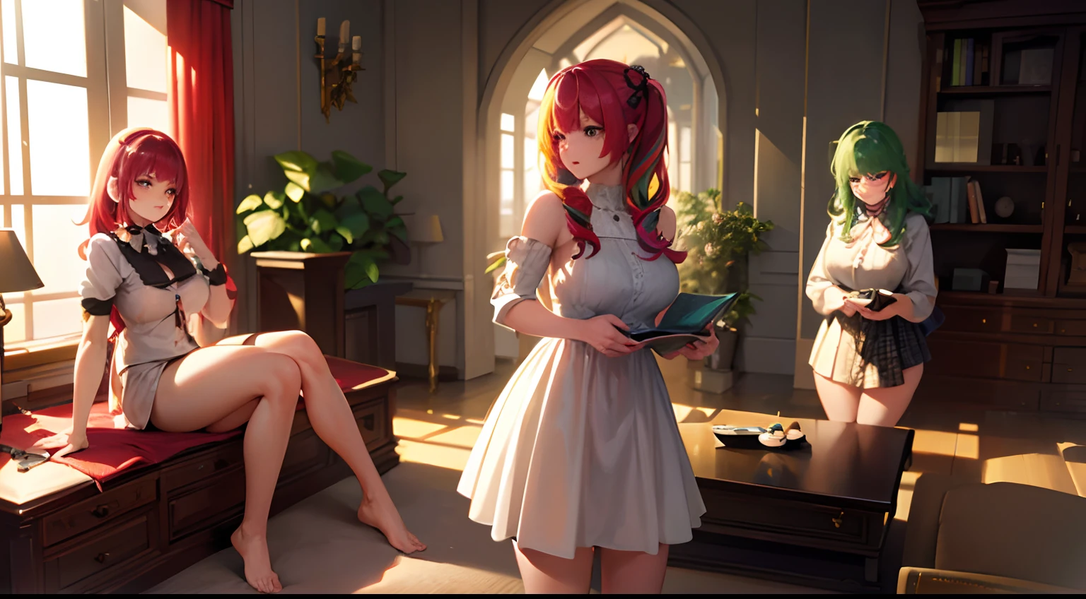 realisticlying、Three mature beauties、Luxury hotels、Aligned、Platinum Pink Hair、7 color eyes、radiant eyes、Parted lips、Wet lips、red blush、natta、florals、suns、sunlights、Beautiful、A sexy、Eros、(Highest Quality:1.2),(masterpiece:1.2),(Masterpieces:1.2),(Woman with perfect body),(Oversized bust:1.2、thin and long limbs、Glamour 1.2),(Masturbation behavior:1.5),(cum on:1.2),(Long hair),(a necklace,耳Nipple Ring),(Hot summer days)(Toned abs)(Detailed pubic area) Beautiful pubic area、pubic area open, Open, Pubic area visible, Vaginal launch, Minora, penetration、fullnude、wetted skin