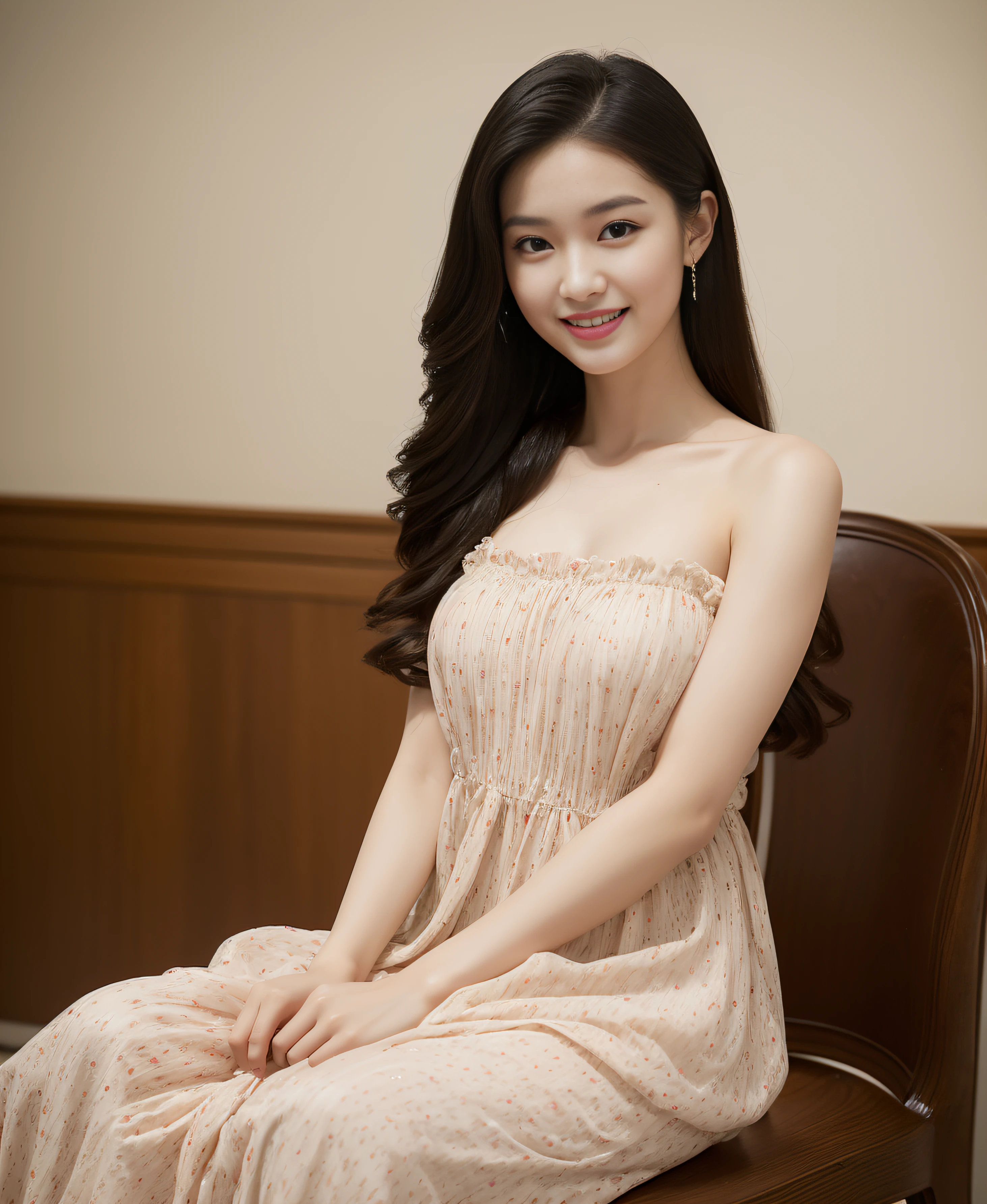 ((Top quality, 8K, Masterpiece: 1.3)), Beauty, Pure, Melon face, Kind and cute, Sweet smile, Pure desire, Slender body, (Front), (Tilted head), ((Looking at camera)) , Wearing a patterned dress, black silky long hair, long shoulders, round black big eyes, clear big eyes, moist red lips, sweet, sitting on a chair, museum background, (((full body))),