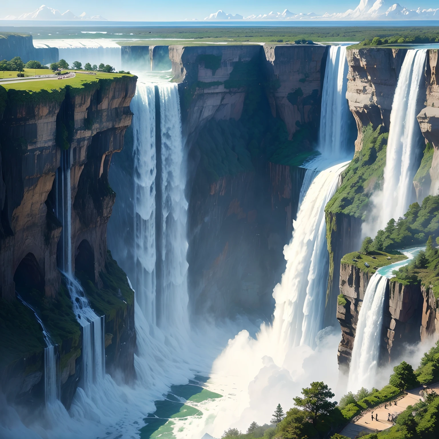 Giant waterfall,Huge cliffs Niagara Falls,SFFantasyart,超A high resolution,Superb view surrounded by nature,Mysterious scenery,in isekai,planet earth,masterpiece,Fantastical、