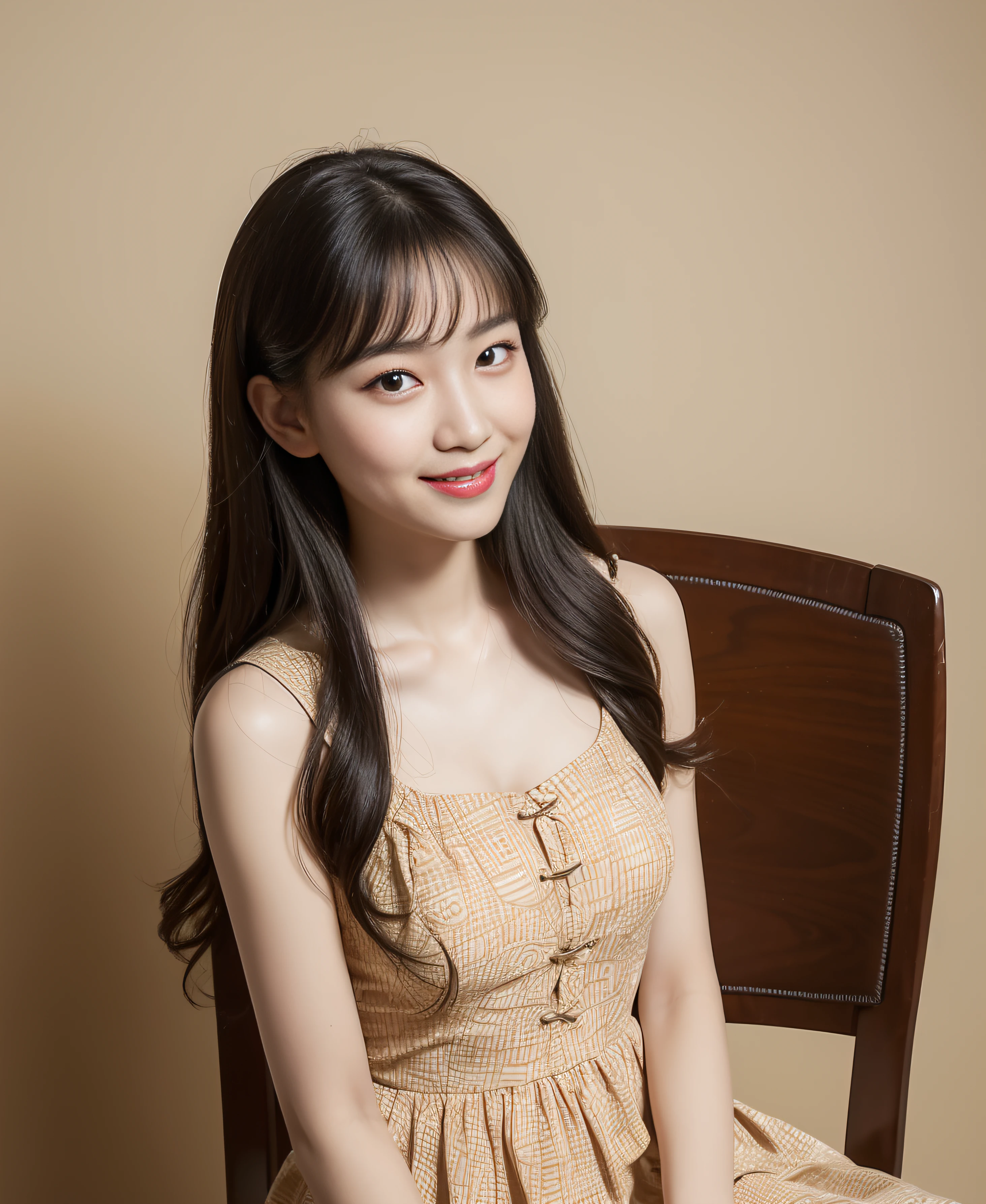((Top quality, 8K, Masterpiece: 1.3)), Beauty, Pure, Melon face, Kind and cute, Sweet smile, Pure desire, Slender body, (Front), (Tilted head), ((Looking at camera)) , Wearing a patterned dress, black silky long hair, long shoulders, round black big eyes, clear big eyes, moist red lips, sweet, sitting on a chair, museum background, (((full body))),