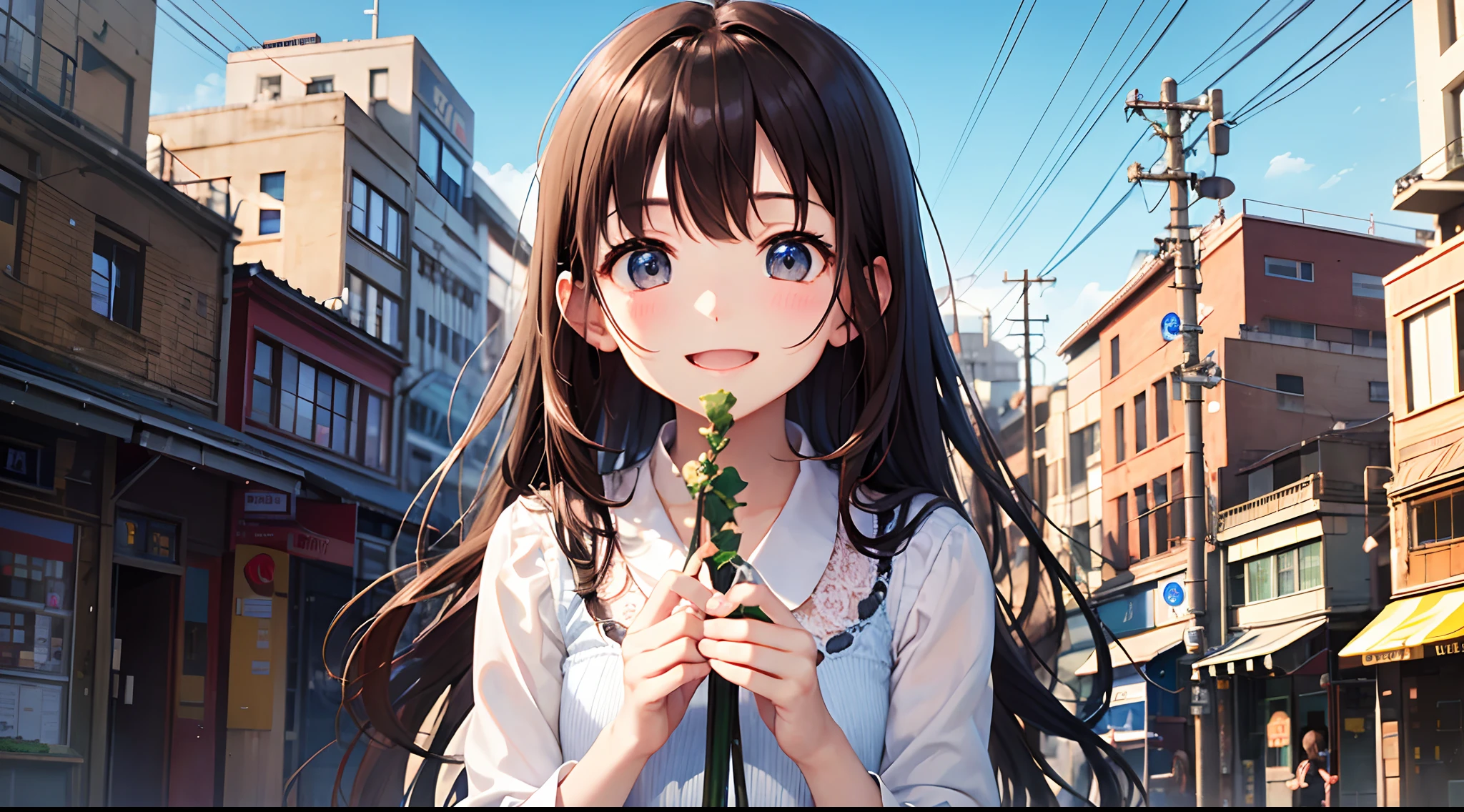 Five well-formed fingers、Brown hair、girl with、soio、unclear、Shy laughter、Arms are spread、blue-sky、bustup