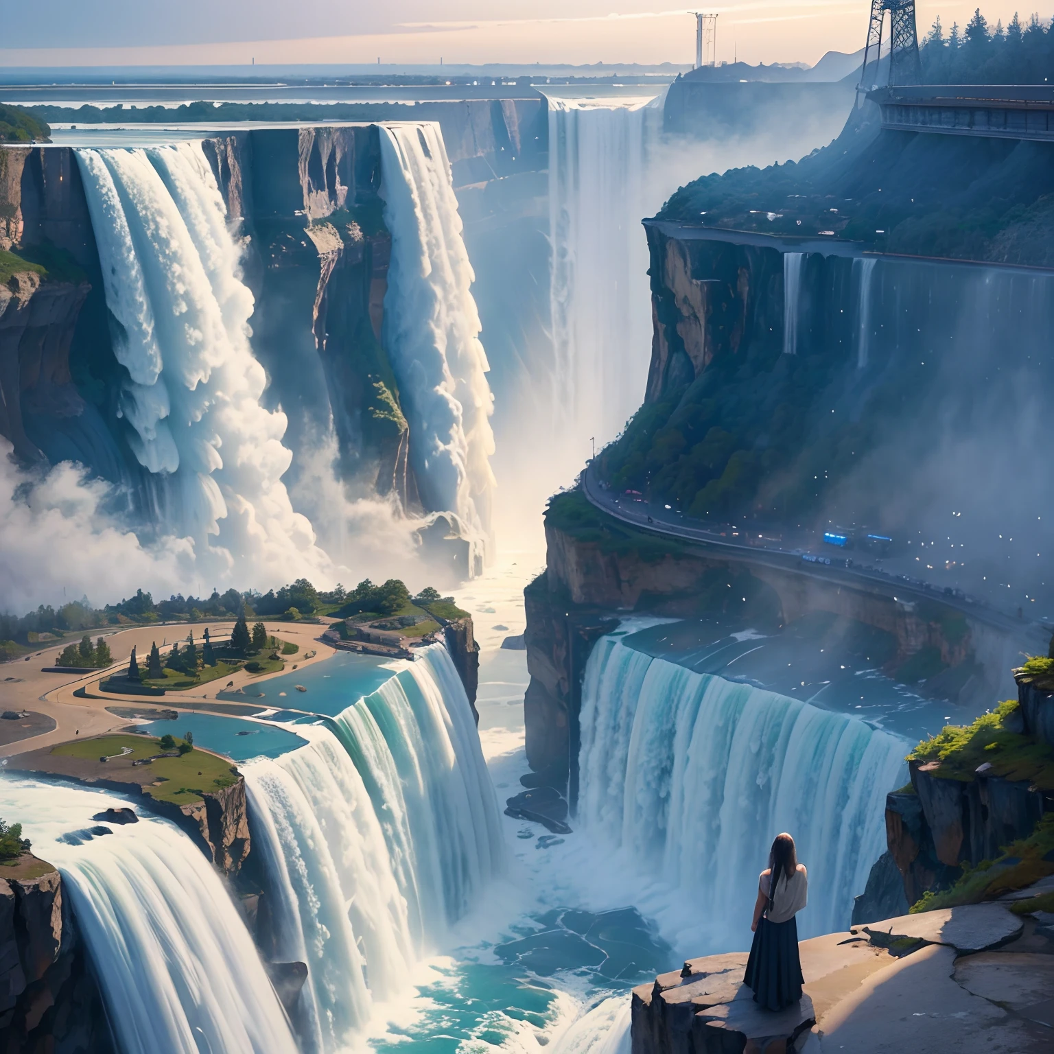 Giant waterfall,Niagara Falls,SFFantasyart,超A high resolution,Superb view surrounded by nature,Mysterious scenery,in isekai,planet earth,masterpiece,