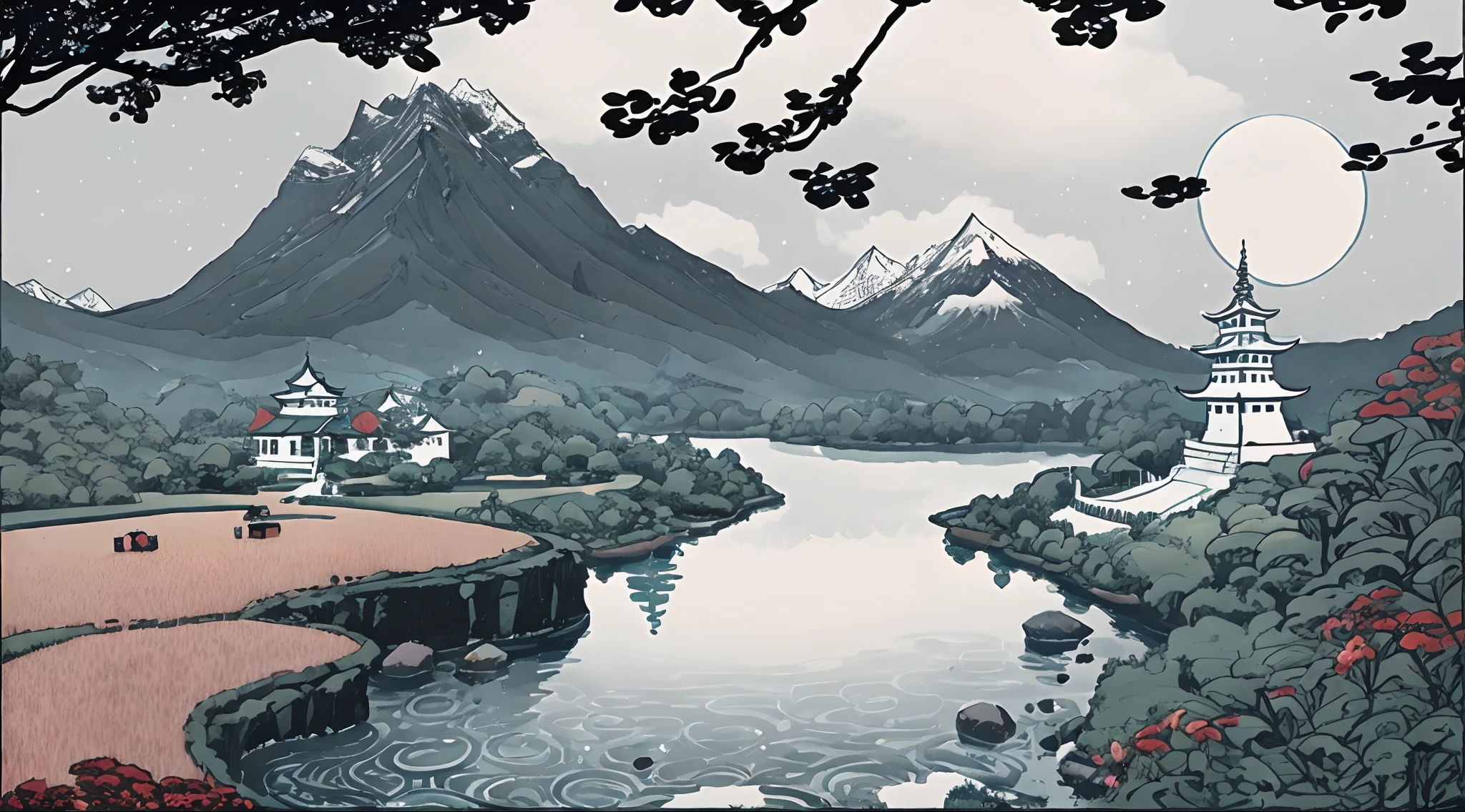 Mountain view of pagoda and moon, Sparkling lake,Fine lines,A beautiful artwork illustration, highly detailed digital artwork, 4k highly detailed digital art, highly detailed digital painting, intricate digital painting, Beautiful digital artwork, scenery art detailed, Onmyoji detailed art, 4 k highly detailed art, Highly detailed digital art, Floating mountains, 4k detailed art, very detailed digital painting