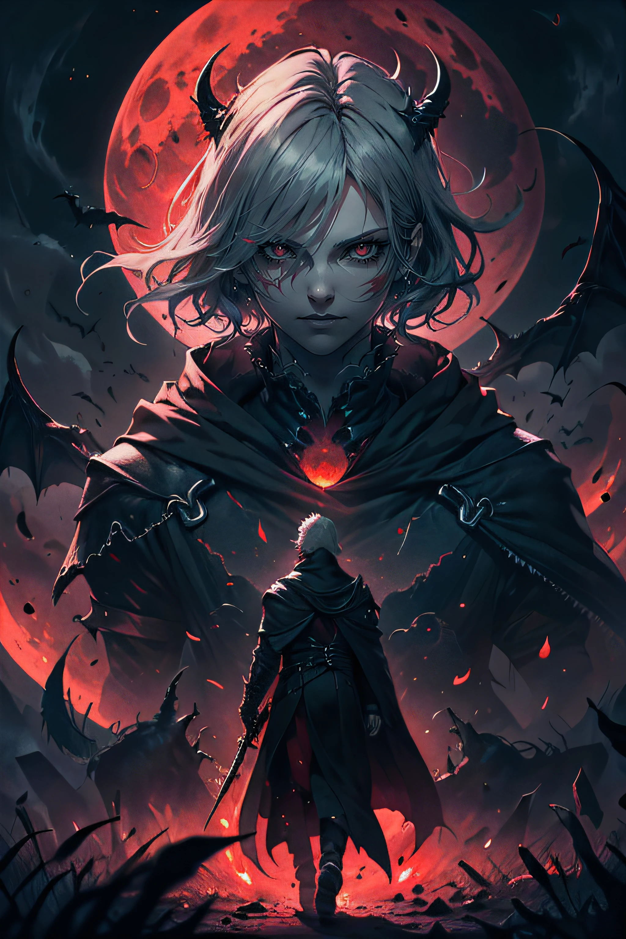 devil may cry (series), Long black cloak, ((A red moon floats in the pitch-black darkness)),(Flying in the air),white hair、Longsword in right hand、gun on waist、(red pupils)、well-muscled、1 bat、Medium hair、Very detailed CG unified 8k wallpaper, very precise detailed, very fine 8KCG wallpapers,delicate glow, realistic, Stereoscopic feeling,Authentic and detailed face,beautiful detailed Glass hair,