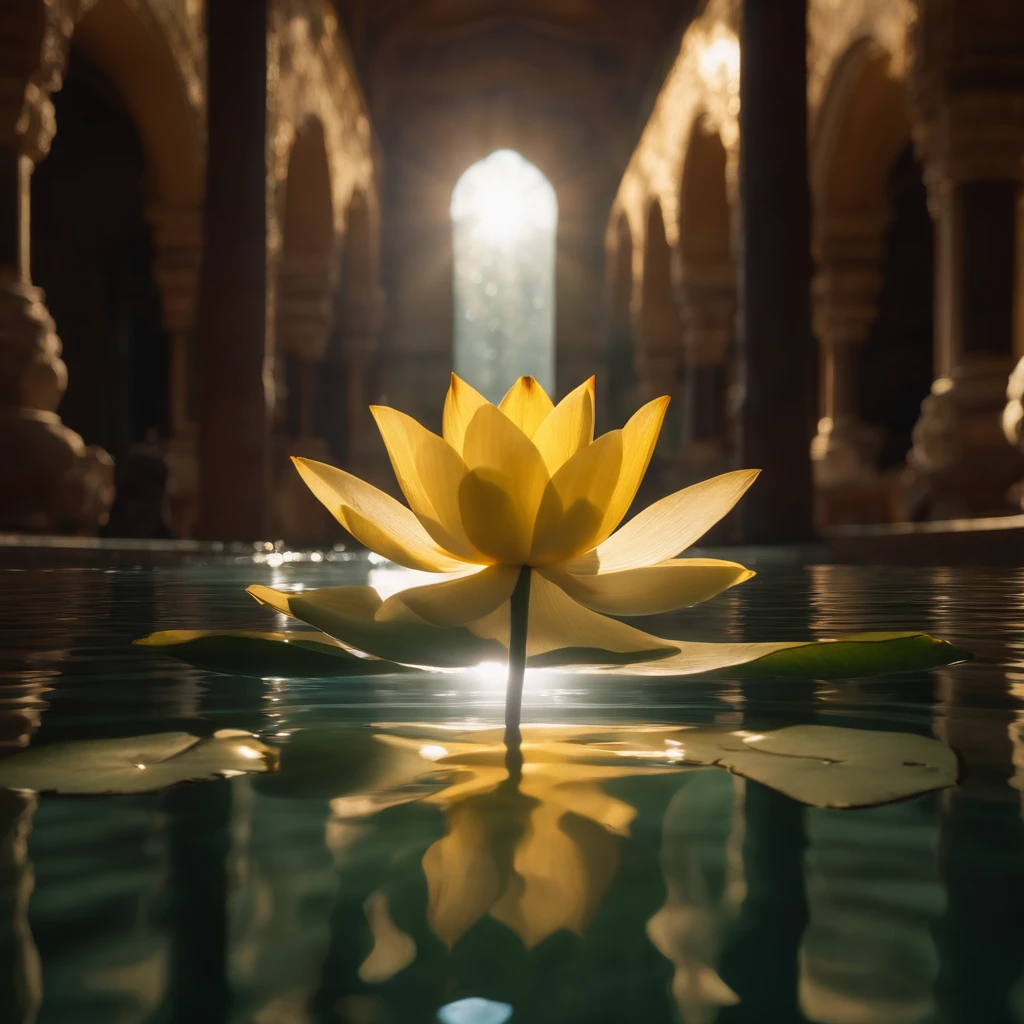 Lotus leaf, lotuses, Eau, zen feeling, (Chinese Courtyard 1.5), rays of sunshine, (The sun shines on the lotus), partially underwater shot, symmetry, polar opposites, close-up, Romanticism, Op art, Contemporary art, Luminism, cinematic lighting, sparkle, god rays, ray tracing, UHD, retina, masterpiece, ccurate, super detail, anatomically correct, high details, high quality, award winning, best quality, highres, 16k