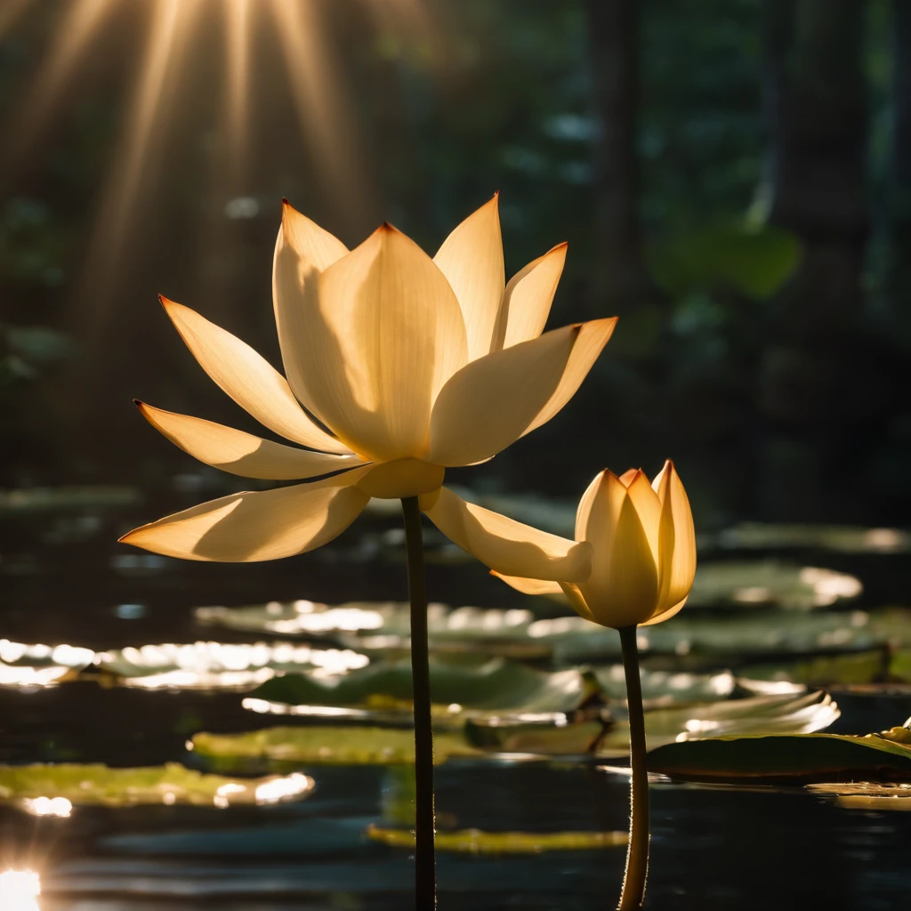 Lotus leaf, lotuses, Eau, zen feeling, (Chinese Courtyard 1.5), rays of sunshine, (The sun shines on the lotus), partially underwater shot, symmetry, polar opposites, close-up, Romanticism, Op art, Contemporary art, Luminism, cinematic lighting, sparkle, god rays, ray tracing, UHD, retina, masterpiece, ccurate, super detail, anatomically correct, high details, high quality, award winning, best quality, highres, 16k