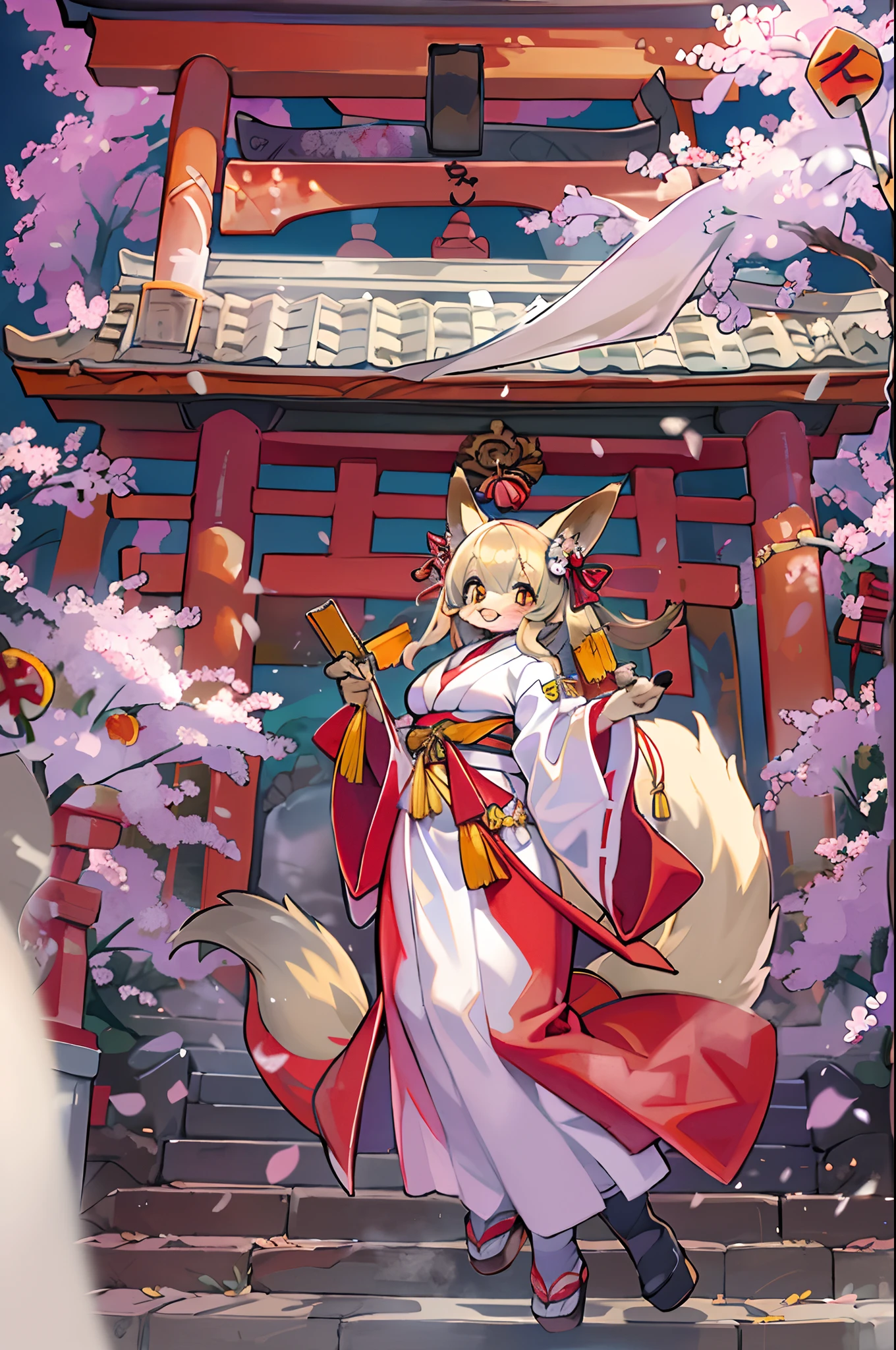 Fox Woman、body covered with fur、huge-breasted、kawaii、shrine maiden、Japan white clothes,Red Hakama、torii gate,summer day、From below、Wide Shot、A big smile、bbw、thick thight、big butts、Ultramammy