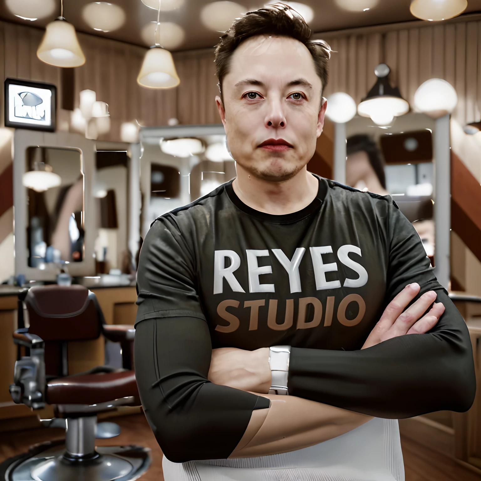 Generates a digital image of Elon Musk in a confident pose, with his arms crossed, wearing a black t-shirt with the inscription “REYES STUDIO” on the chest. The background of the scene must represent an authentic barbershop, with characteristic elements such as a classic vintage barber chair, antique mirrors, and traditional decoration details, epic realistic photography, hyperrealistic.
