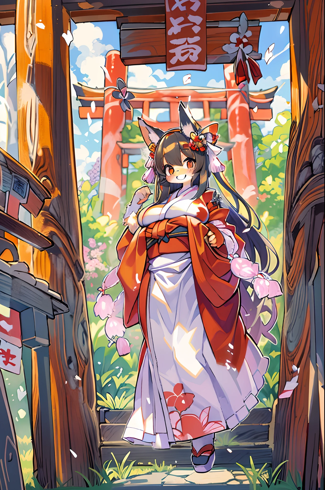Fox Woman、body covered with fur、huge-breasted、kawaii、shrine maiden、Japan white clothes,Red Hakama、torii gate,summer day、From below、Wide Shot、A big smile、bbw、thick thight、big butts、Ultramammy