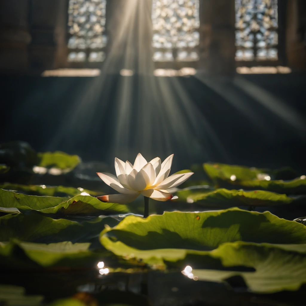 Lotus leaf, lotuses, Eau, zen feeling, (Chinese Courtyard 1.5), rays of sunshine, (The sun shines on the lotus), partially underwater shot, symmetry, polar opposites, close-up, Romanticism, Op art, Contemporary art, Luminism, cinematic lighting, sparkle, god rays, ray tracing, UHD, retina, masterpiece, ccurate, super detail, anatomically correct, high details, high quality, award winning, best quality, highres, 16k