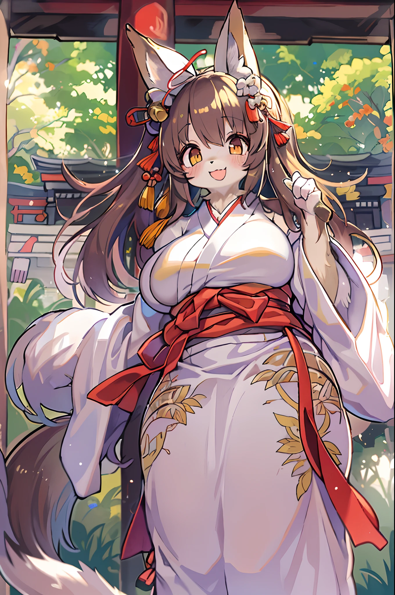 Fox Woman、body covered with fur、huge-breasted、kawaii、shrine maiden、Japan white clothes,Red Hakama、torii gate,summer day、From below、Wide Shot、A big smile、bbw、thick thight、big butts、Ultramammy