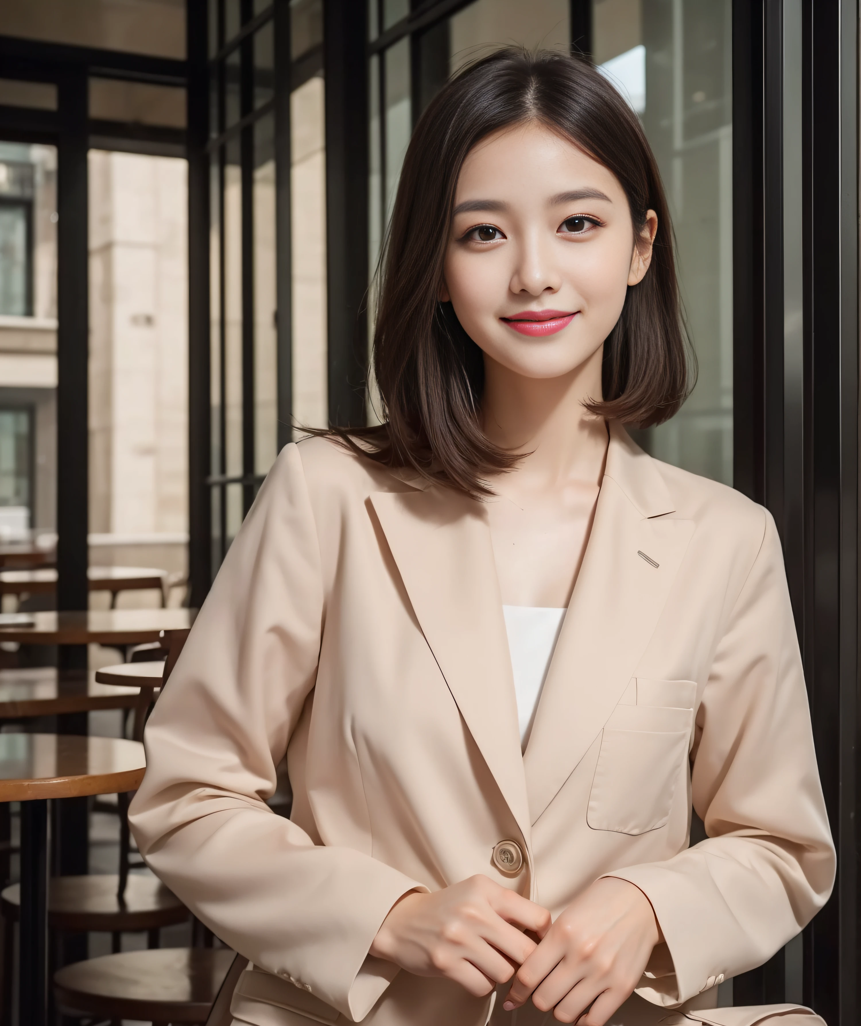 ((best quality, 8K, masterpiece: 1.3)), beautiful girl, pure, melon face, kind and cute, sweet smile, pure desire, slender body, (front), (tilted head), ((looking at camera)), Sunset, wearing a pink suit, black silky medium hair, long flowing shoulders, round black big eyes, clear big eyes, moist red lips, sweet, sitting in a cafe, cafe background , ((((whole body)))),