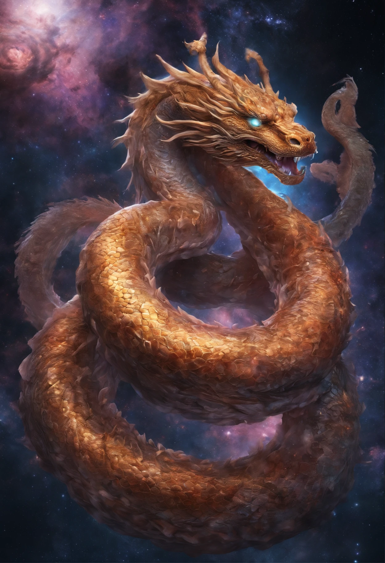 In a dimension where stars collide, the legendary Orochi serpent emerges as an embodiment of celestial fury. Its body is a symphony of radiant colors, mirroring the birth of stars. Its eyes blaze with cosmic fire, and tendrils of energy arc around its form like ethereal lightning. The serpent's presence commands both awe and fear, as it harnesses the power of the cosmos itself, Amidst a cosmic maelstrom, where galaxies spiral and stars explode, the serpent reigns supreme, Epic, cataclysmic, and transcendent, evoking the power of celestial forces.Style: Ultra-realistic digital painting with intricate details and a dynamic interplay of colors.Execution: Rendered in a hyper-realistic style, using advanced digital techniques to capture the complex interstellar environment and the serpent's celestial energy,