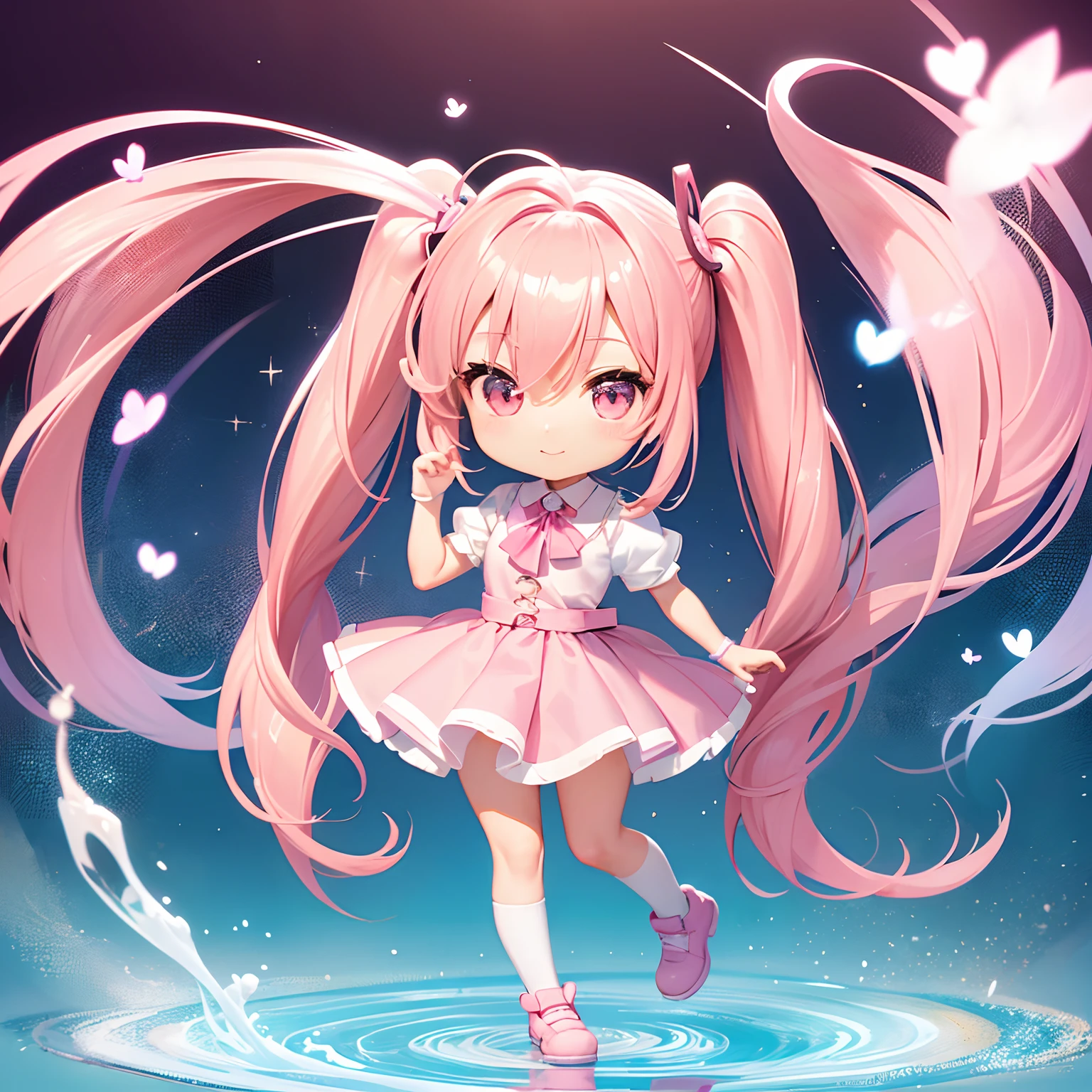 Very cute and (Beautiful Chibi Anime Girl), Solo, Simple background, Beautiful twin tails*Pink* hair, Beautiful detailed *Pink* High School Uniform, Full body, Standing, high detailed face and *Pink* Eyes, Clearly outlined