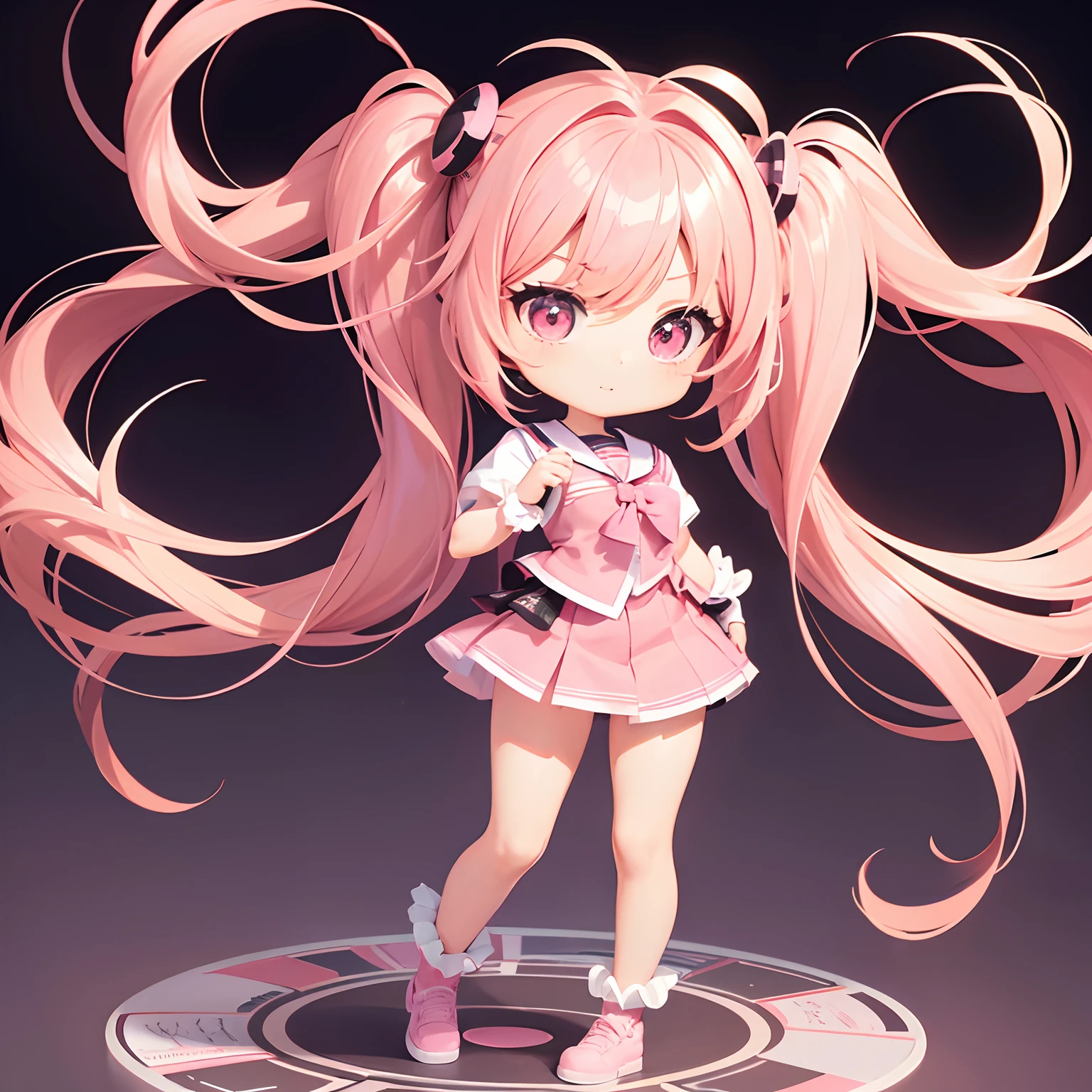 Very cute and (Beautiful Chibi Anime Girl), Solo, Simple background, Beautiful twin tails*Pink* hair, Beautiful detailed *Pink* High School Uniform, Full body, Standing, high detailed face and *Pink* Eyes, Clearly outlined